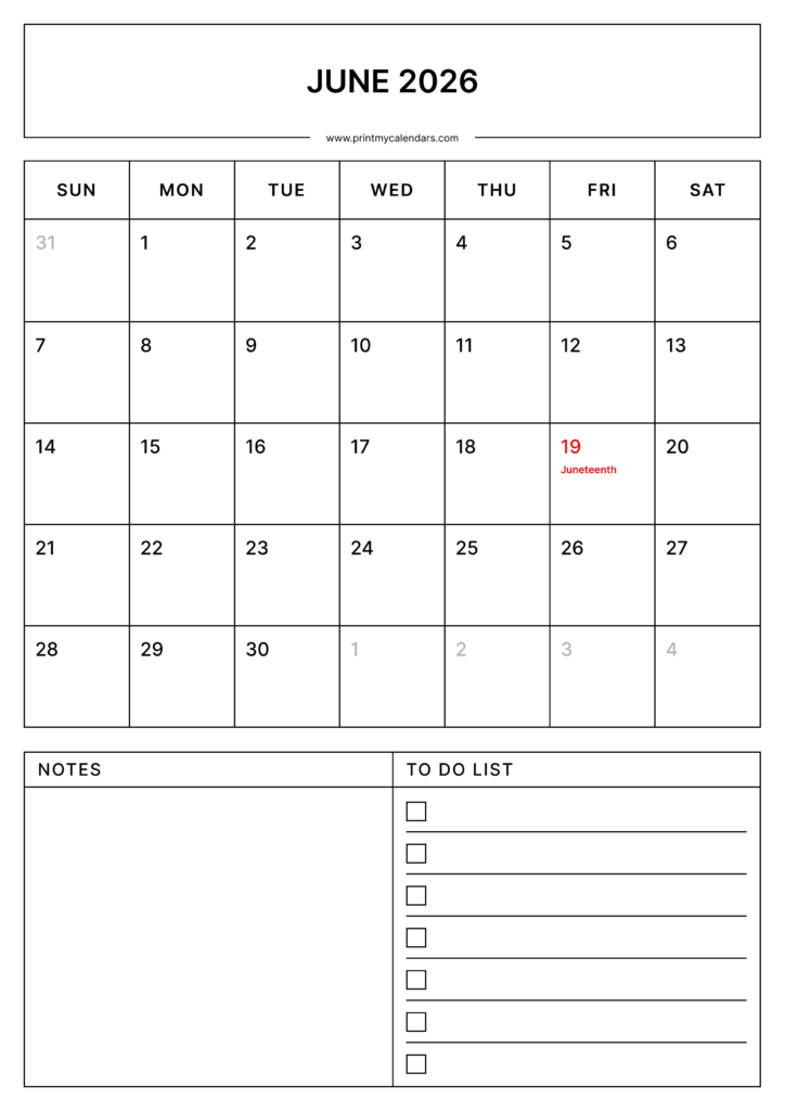Printable June Calendar 2026 With Us Holidays Portrait