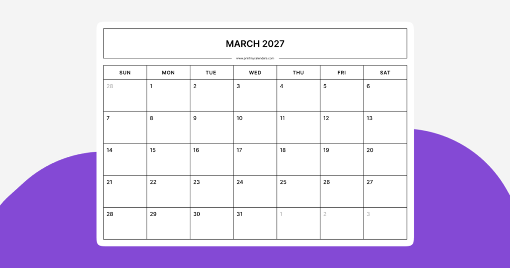 Printable March 2027 Calendar