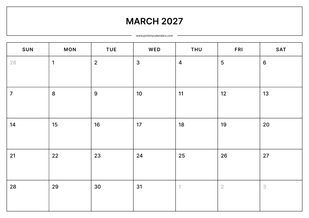 Printable March Calendar 2027 A4 landscape