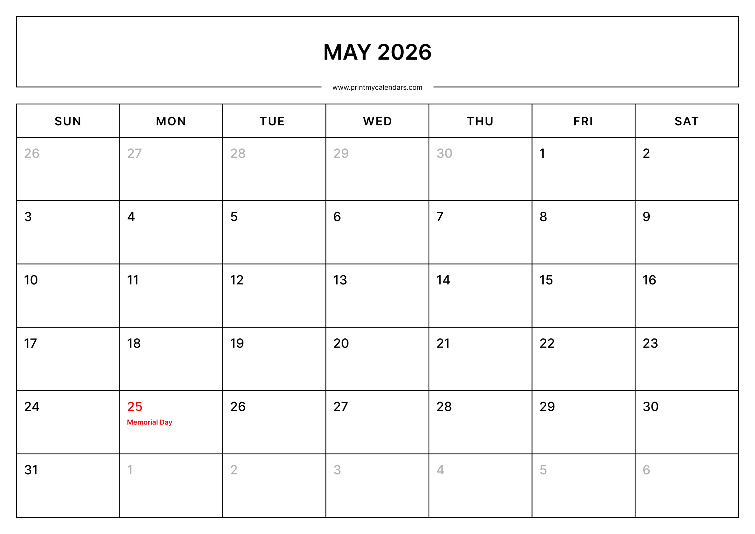 Printable May Blank Calendar 2026 Us Holidays Portrait