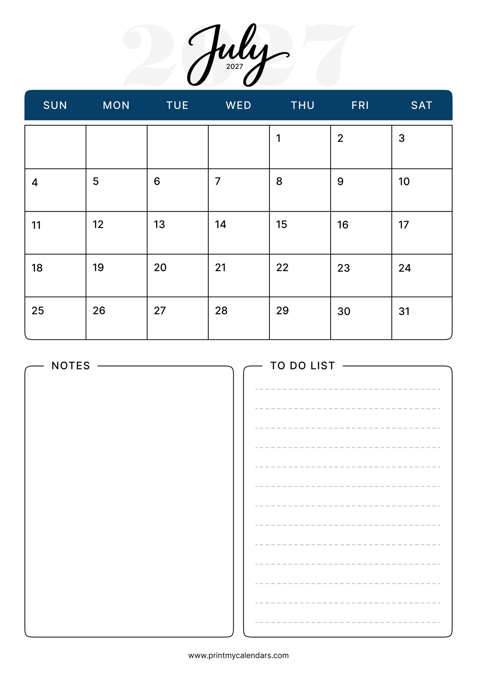 Printable Midnight Classic July calendar 2027 Portrait A4