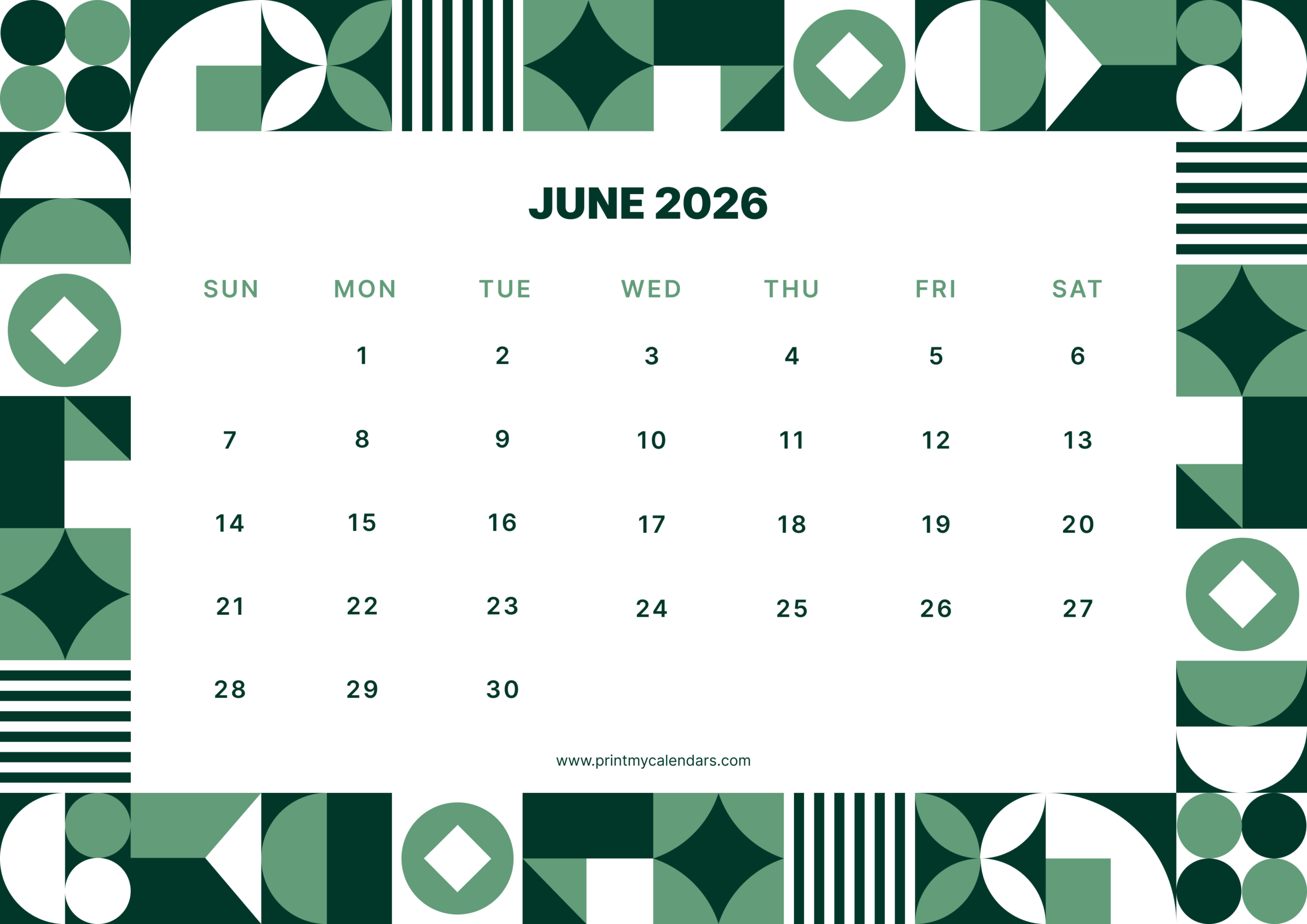 Printable Modern June Calendar 2026 Landscape – A4