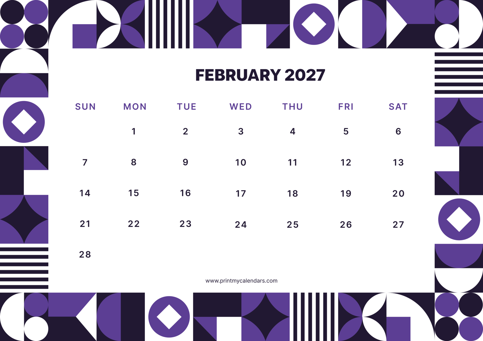 Purple Geo-Frame February 2027 Calendar Landscape