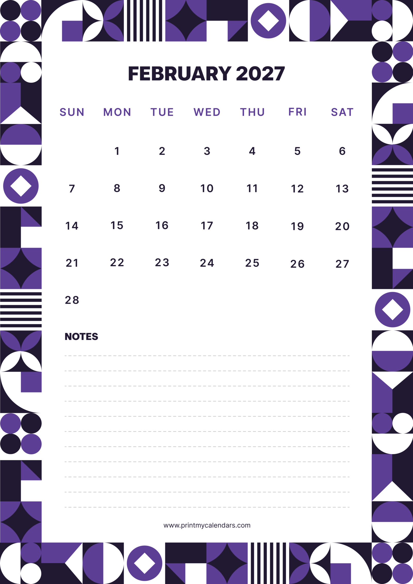 Purple Geo-Frame February 2027 Calendar Portrait