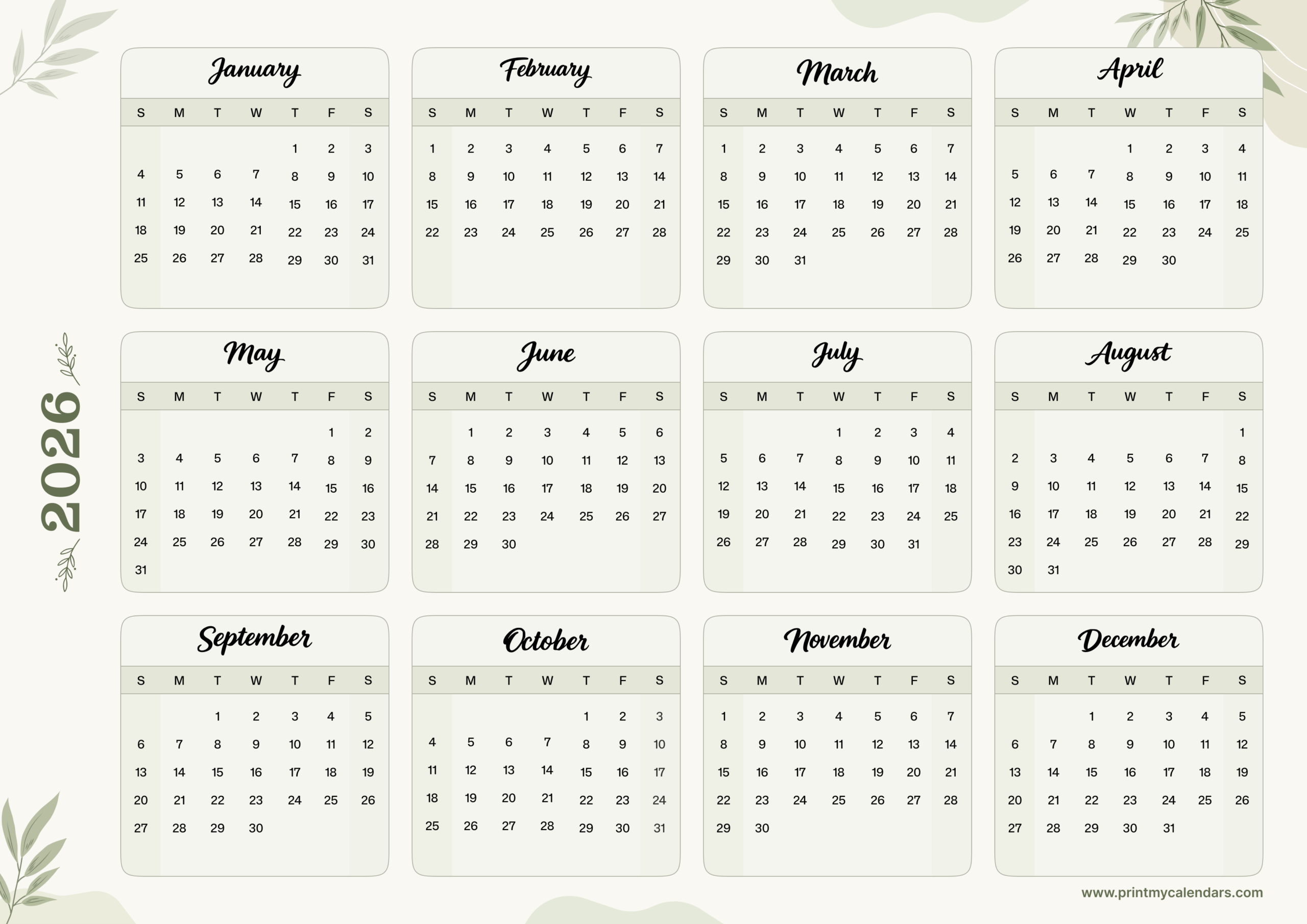 Sage Green Botanical One-Page 2026 Calendar Landscape - A4