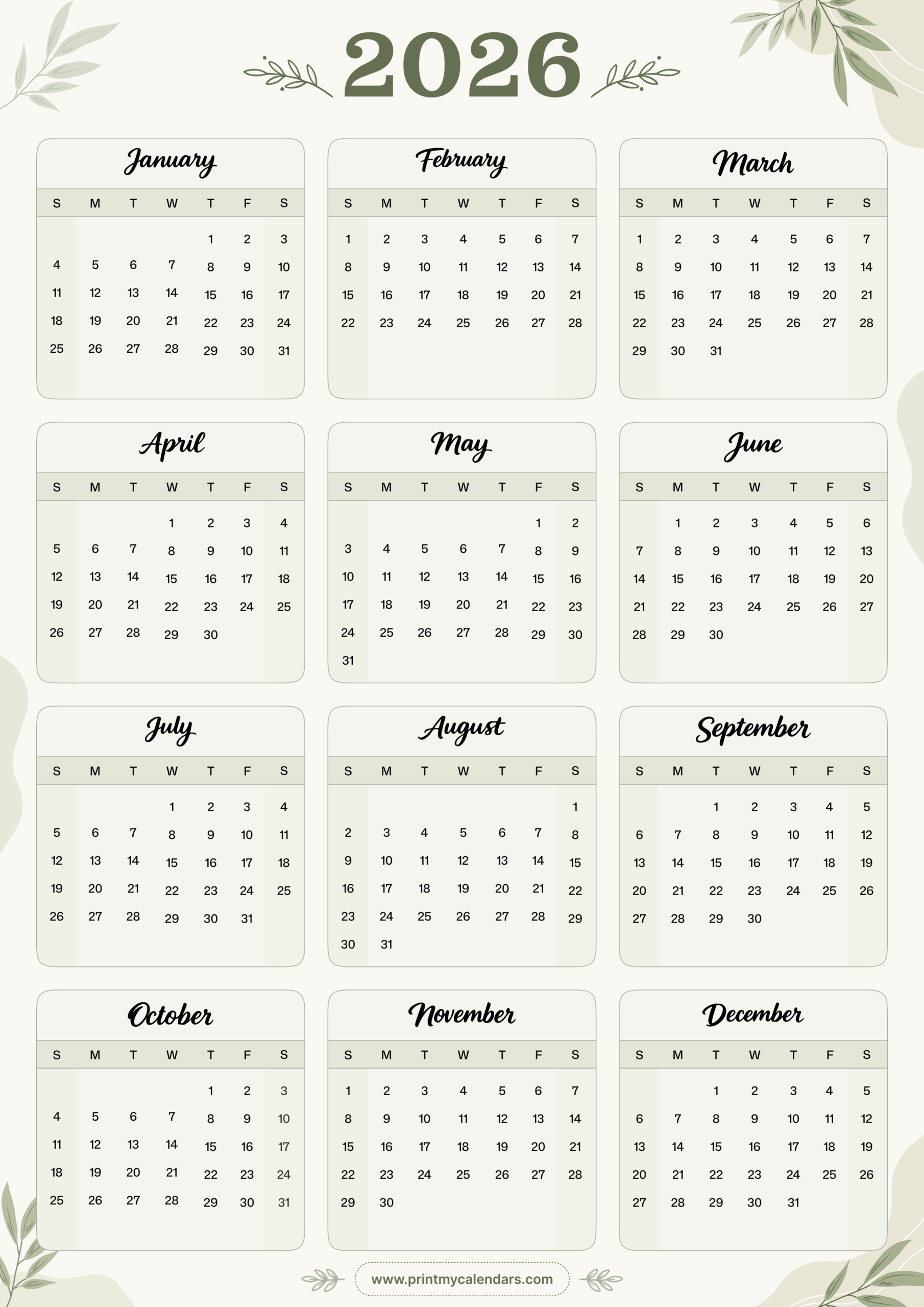 Sage Green Botanical One-Page 2026 Calendar Portrait - A4