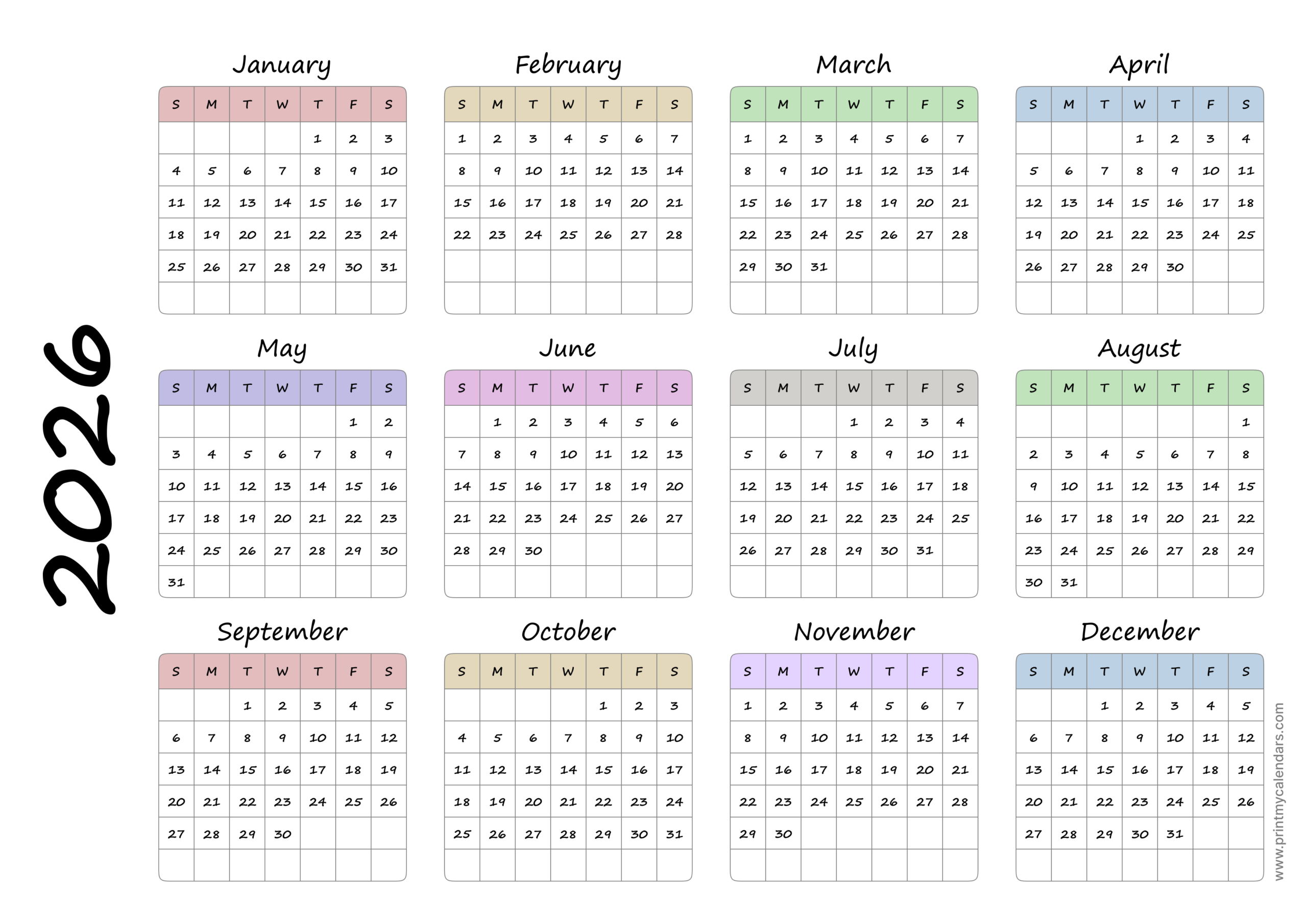 Simple Color-Coded Printable Calendar 2026 Landscape - A4
