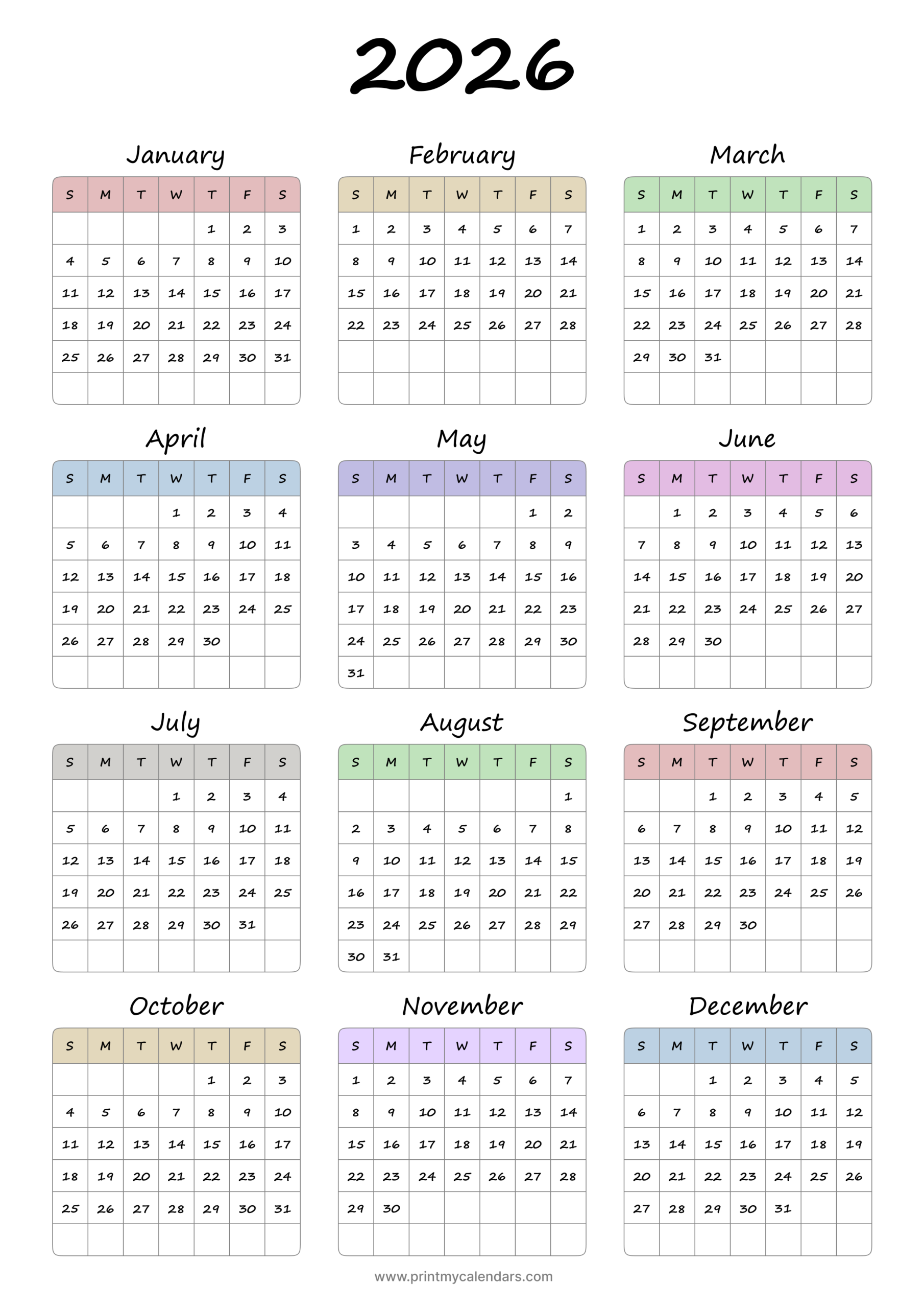 Simple Color-Coded Printable Calendar 2026 Landscape - A4