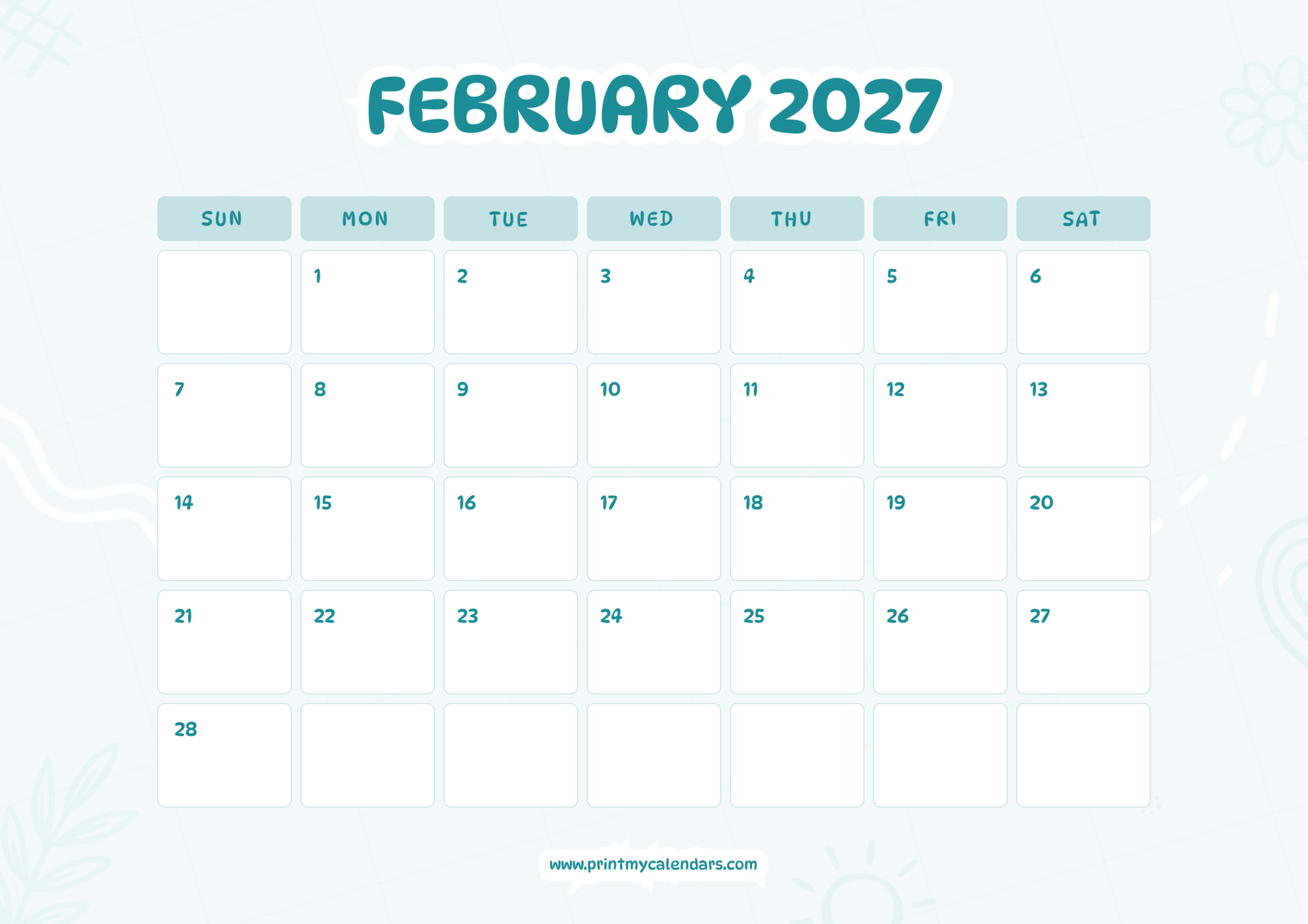 Teal Elegance February 2027 Calendar Landscape