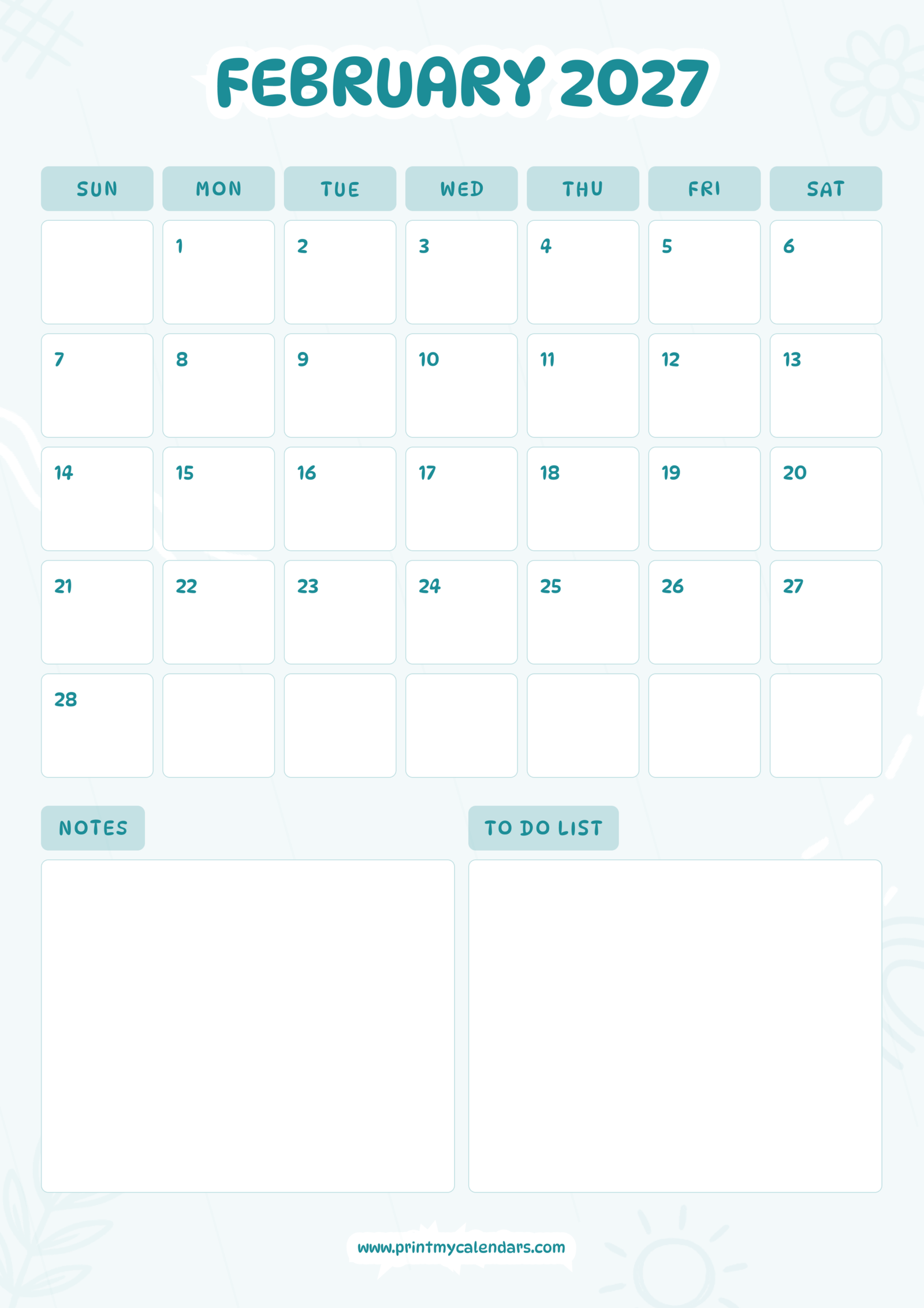 Teal Elegance February 2027 Calendar Portrait
