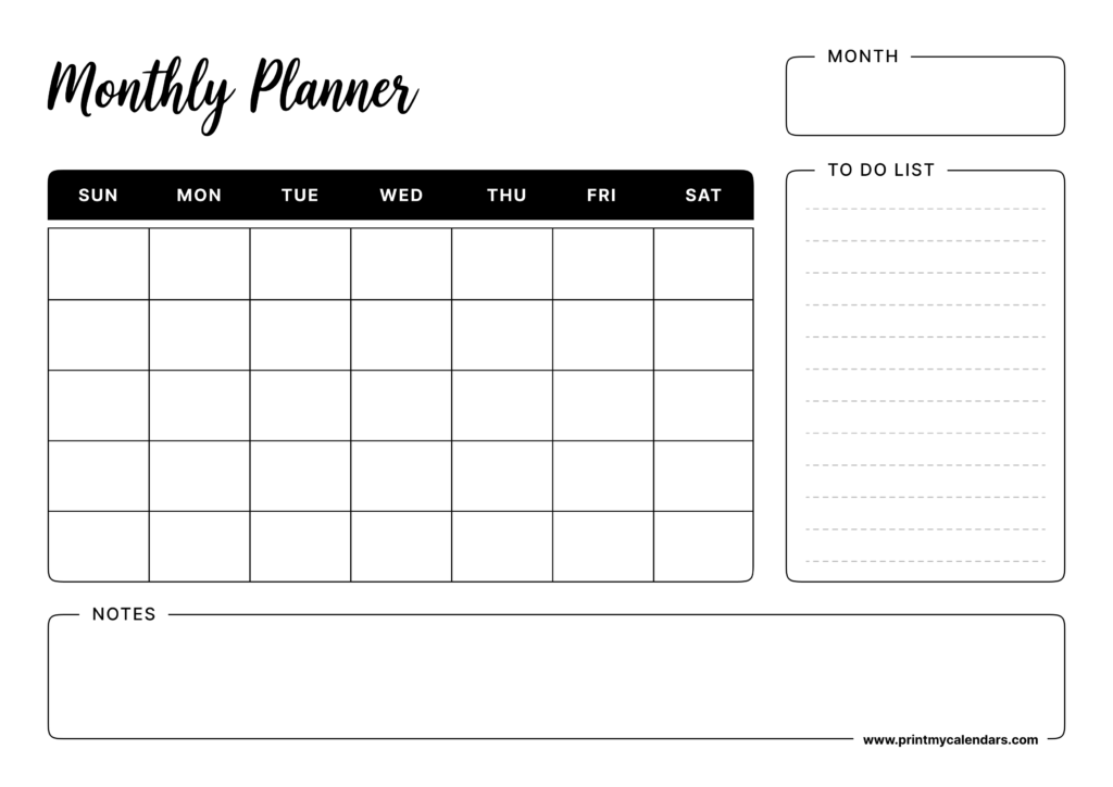 The Classic Script Black & White Monthly Planner Landscape - A4
