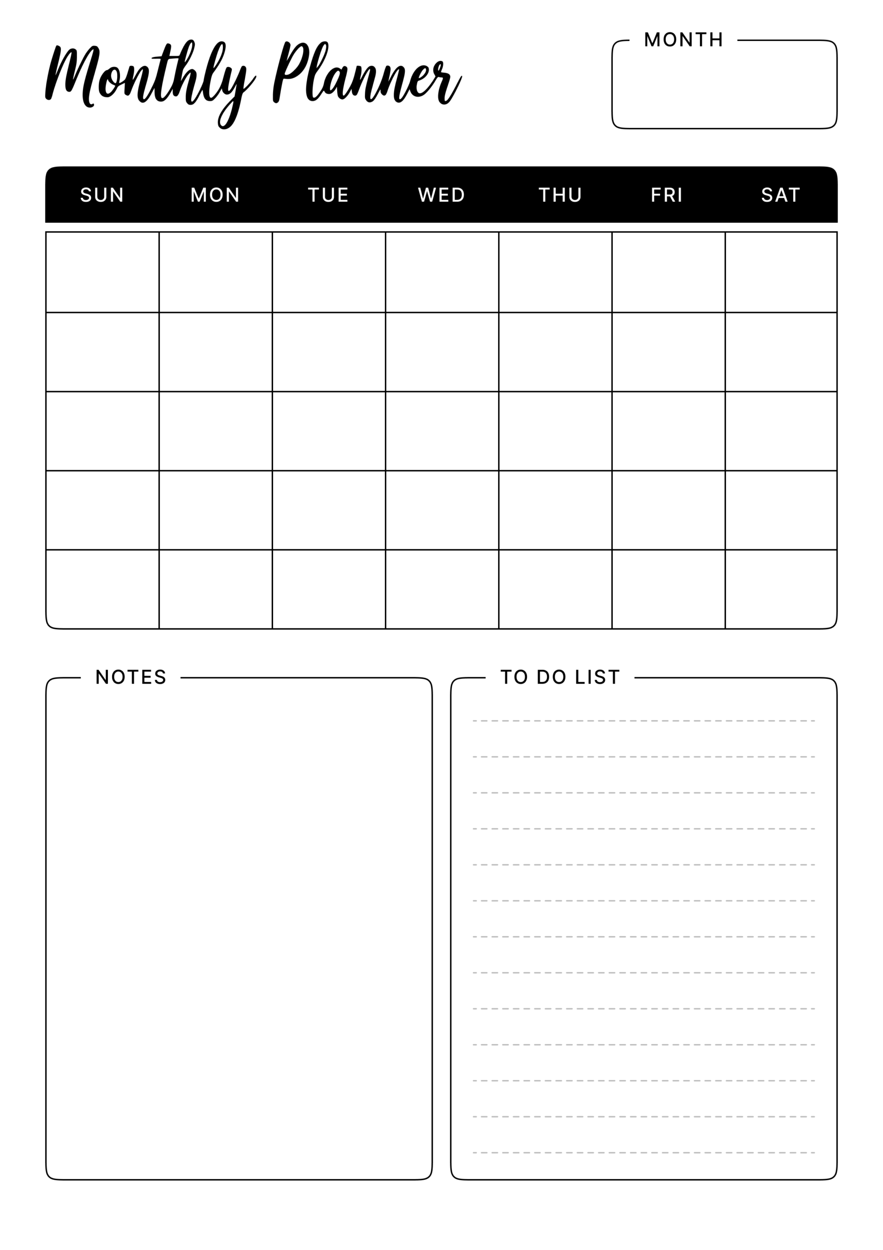 The Classic Script Black & White Monthly Planner Portrait - A4