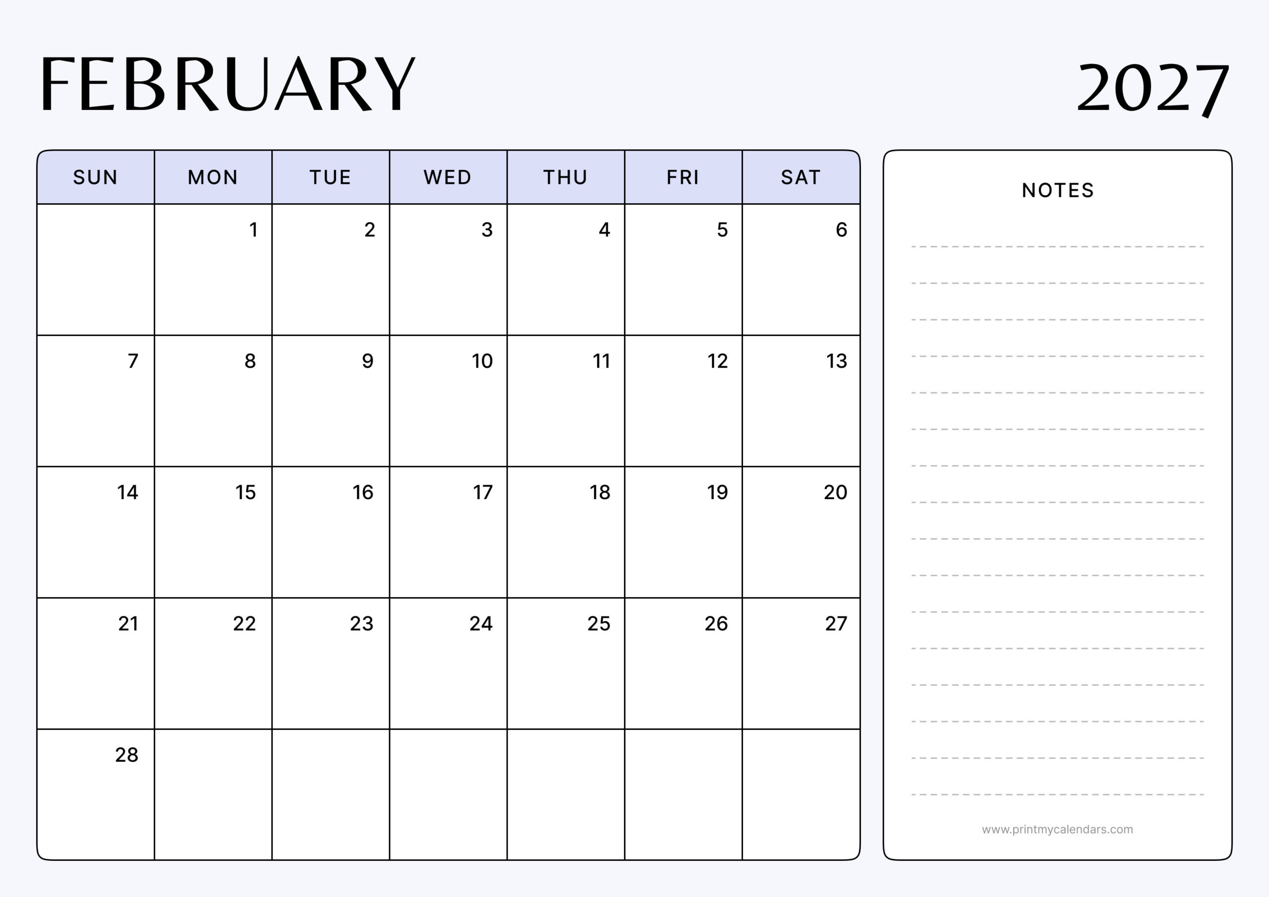 The Essential Minimalist February 2027 Calendar Landscape