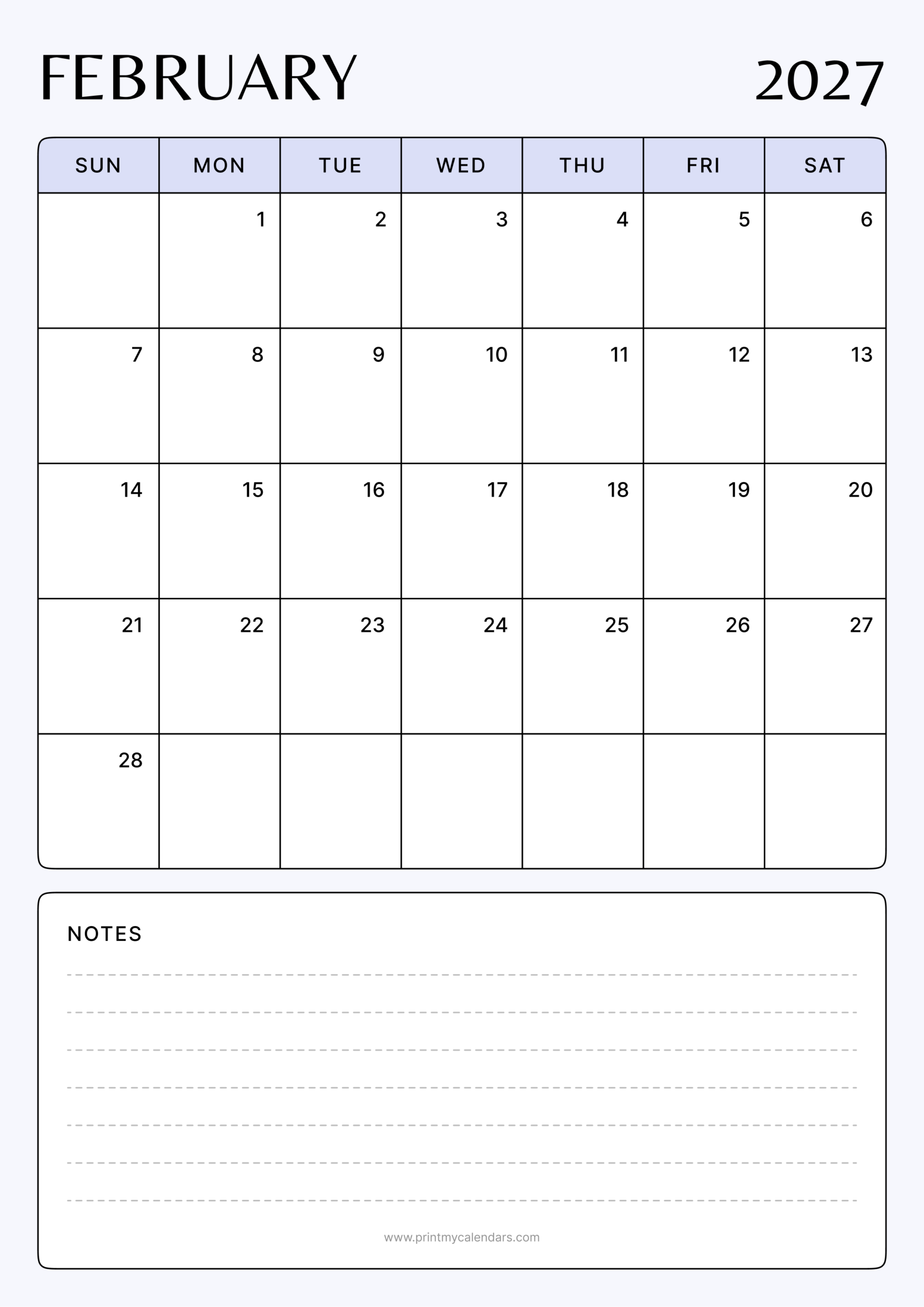 The Essential Minimalist February 2027 Calendar Portrait