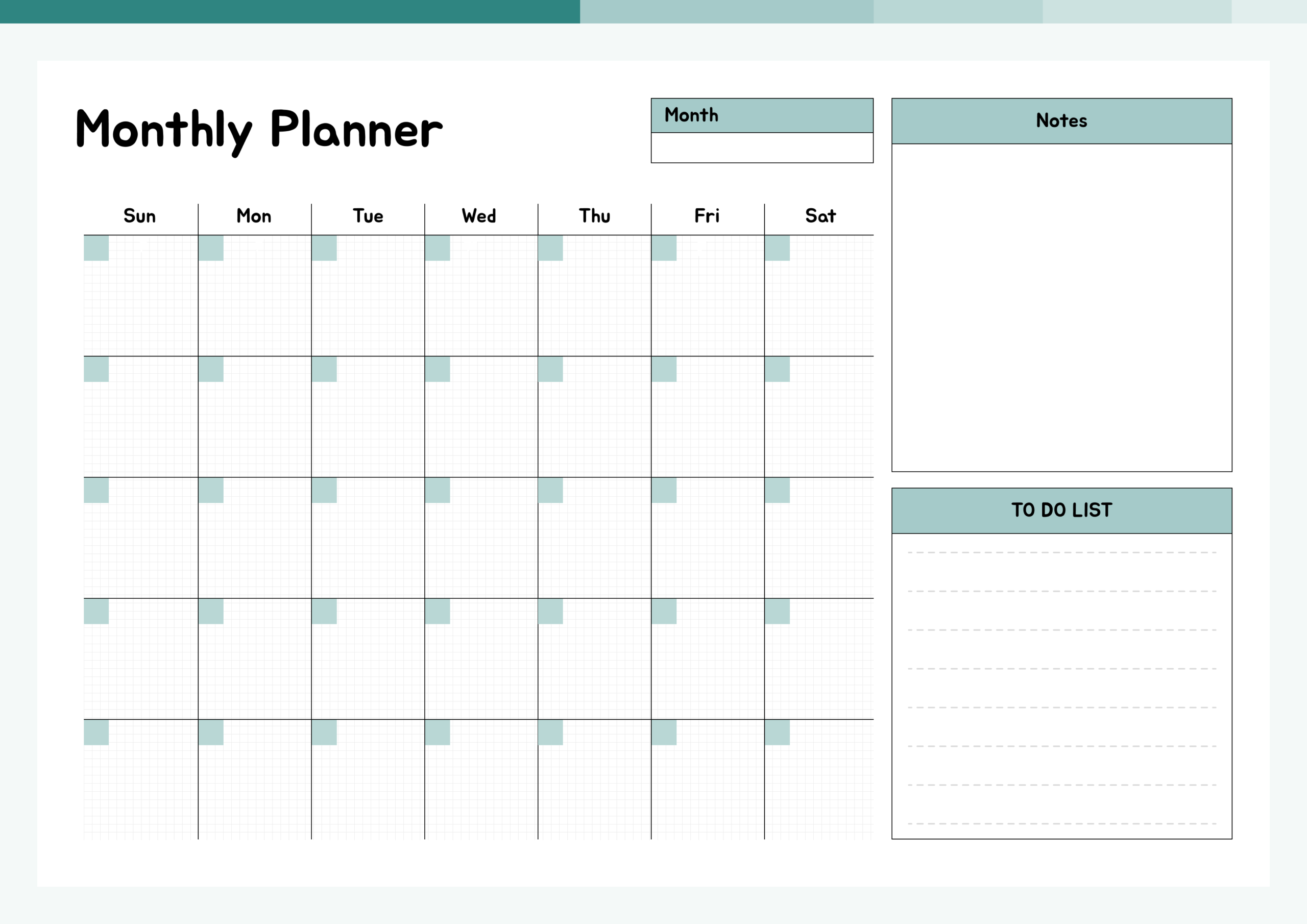The Structured Teal Grid Printable Monthly Planner Landscape - A4