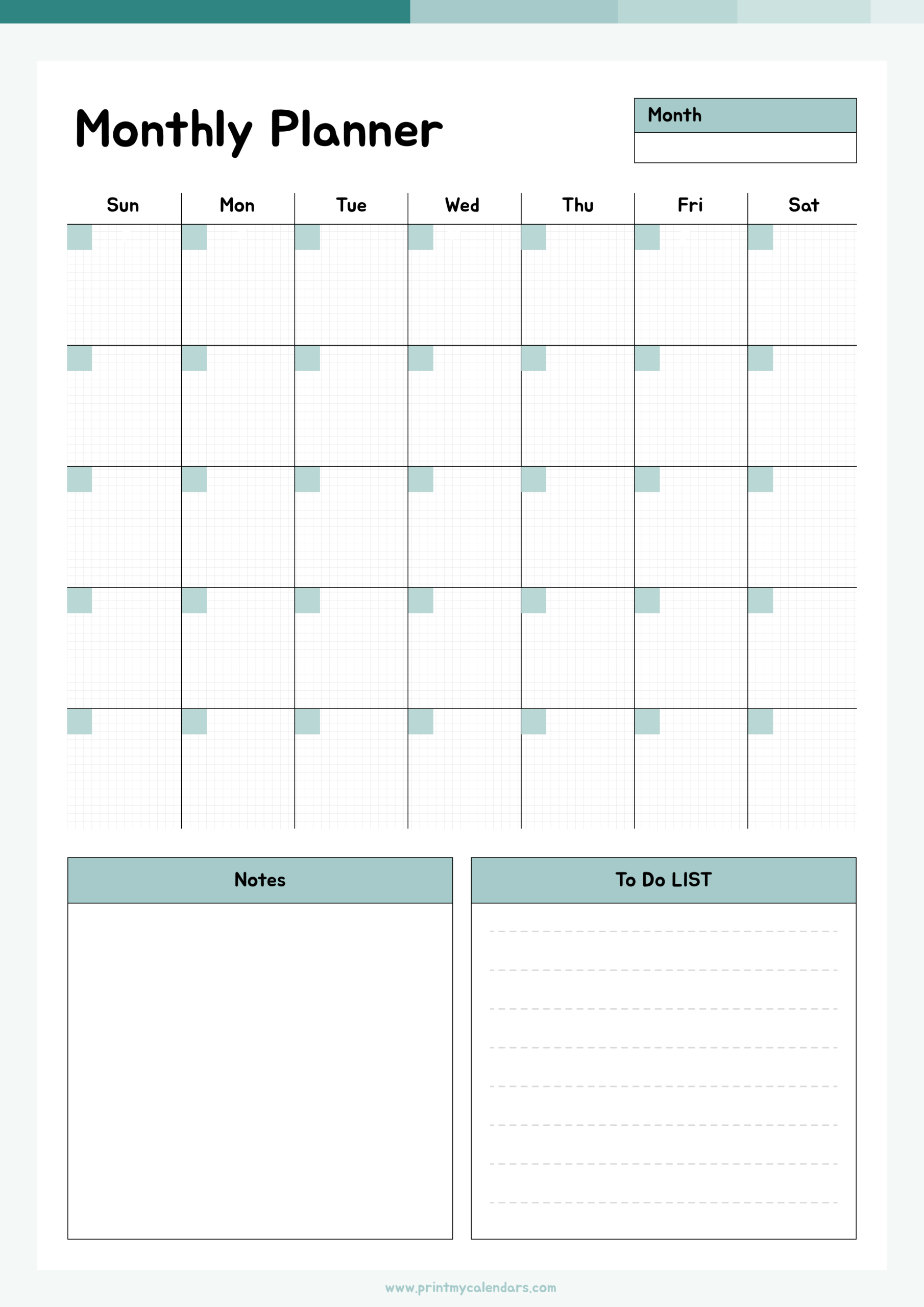 The Structured Teal Grid Printable Monthly Planner Portrait - A4