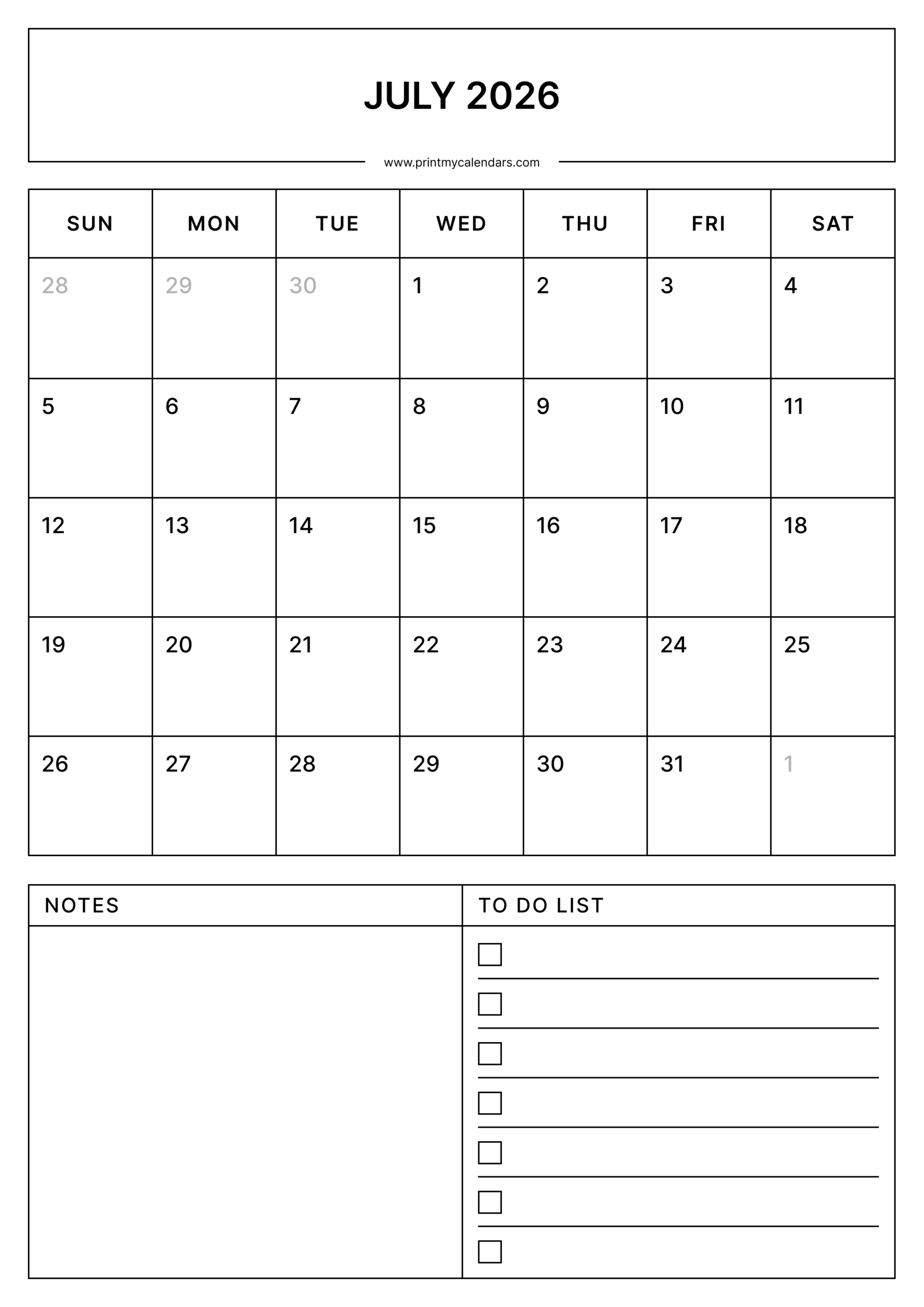 Printable july printable calendar 2026 portrait - a4