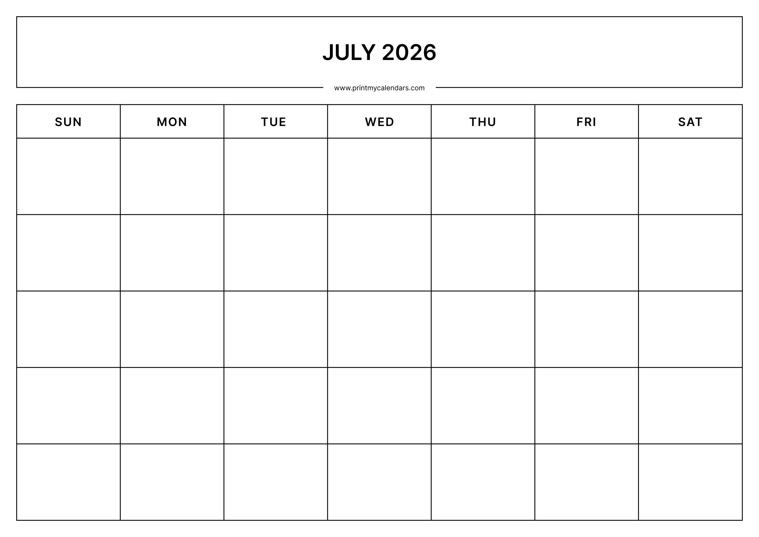 Printable blank july 2026 printable calendar landscape - a4