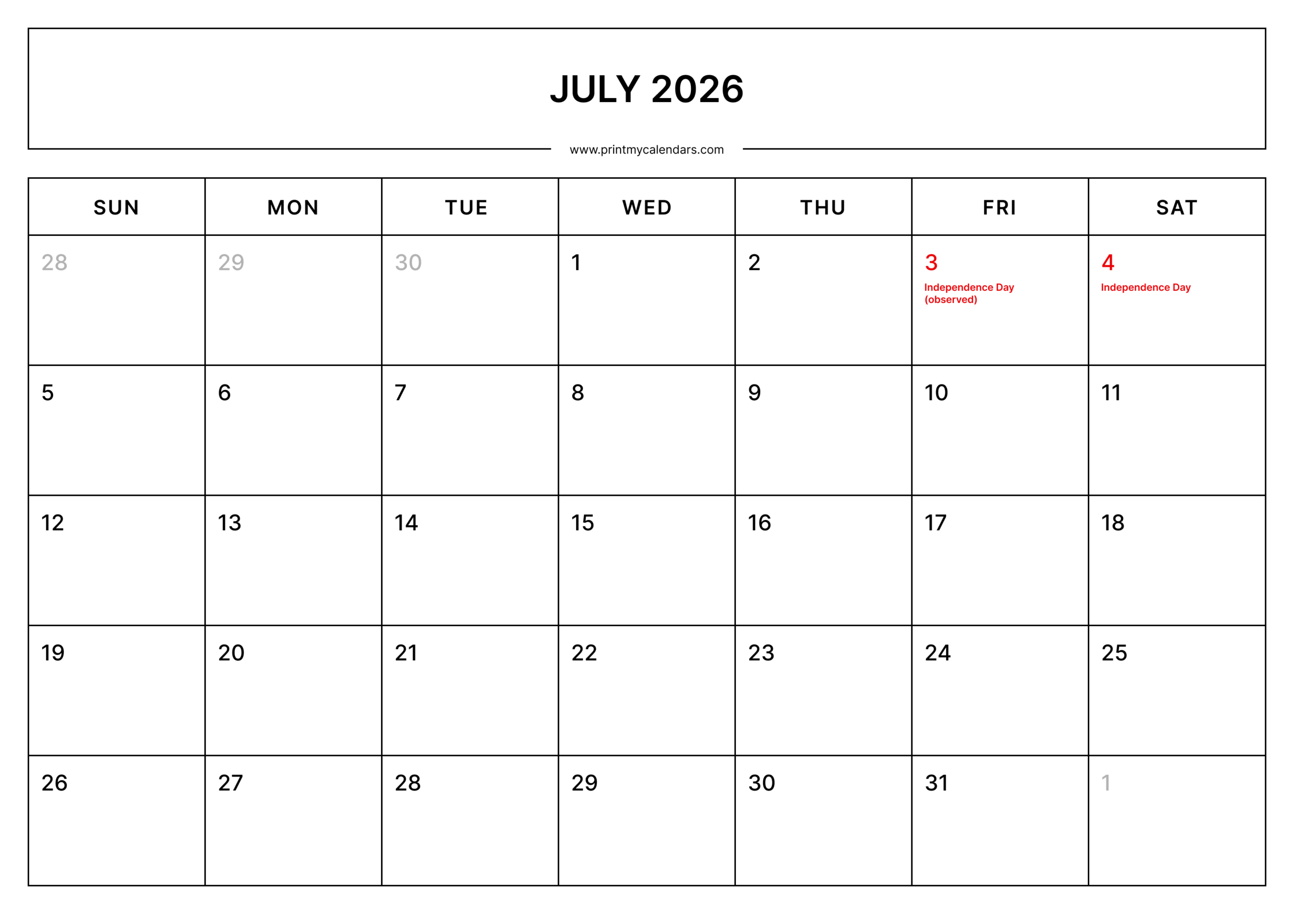 Printable july 2026 printable calendar with holidays landscape - a4