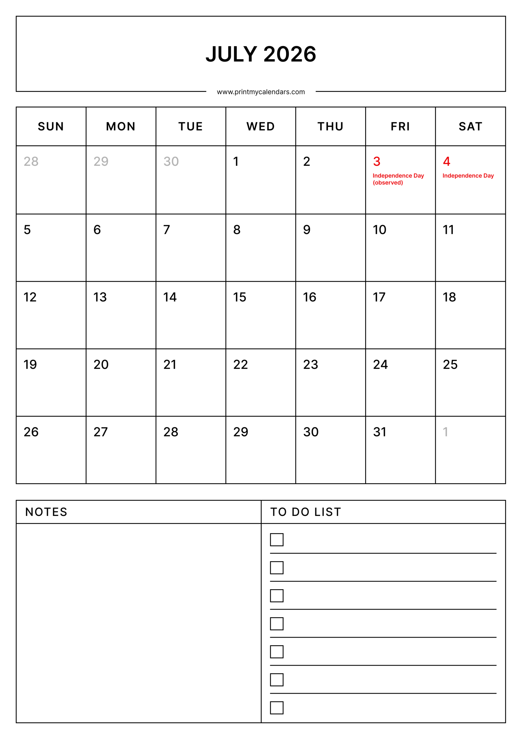Printable july 2026 printable calendar with holidays portrait - a4