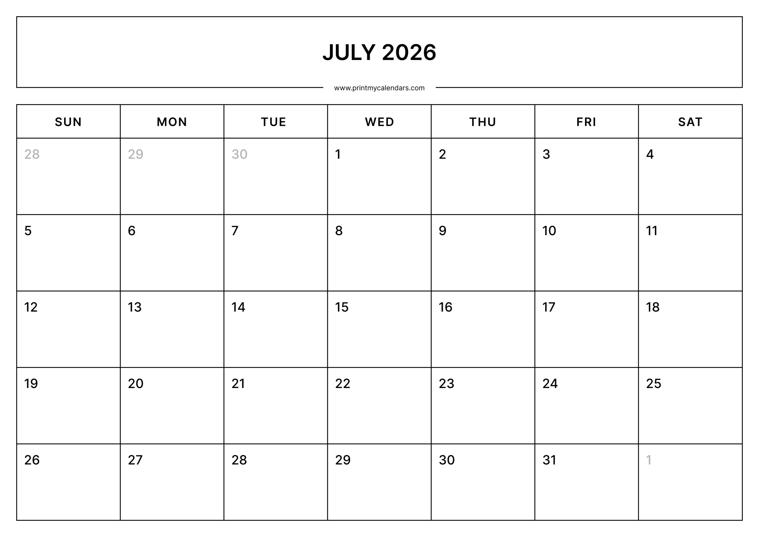 Printable july printable calendar 2026 landscape - a4