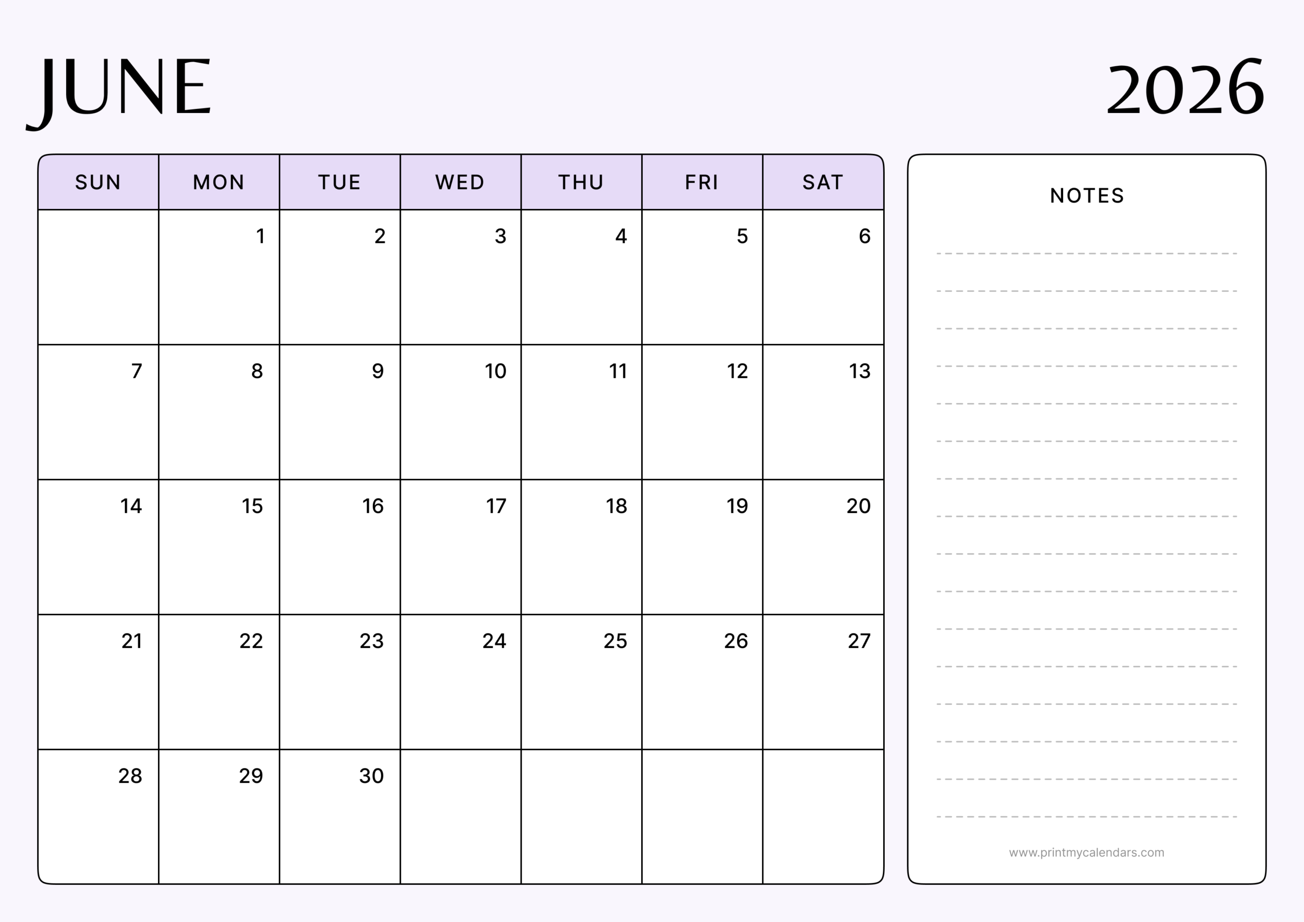 Printable modern June 2026 calendar portrait letter size
