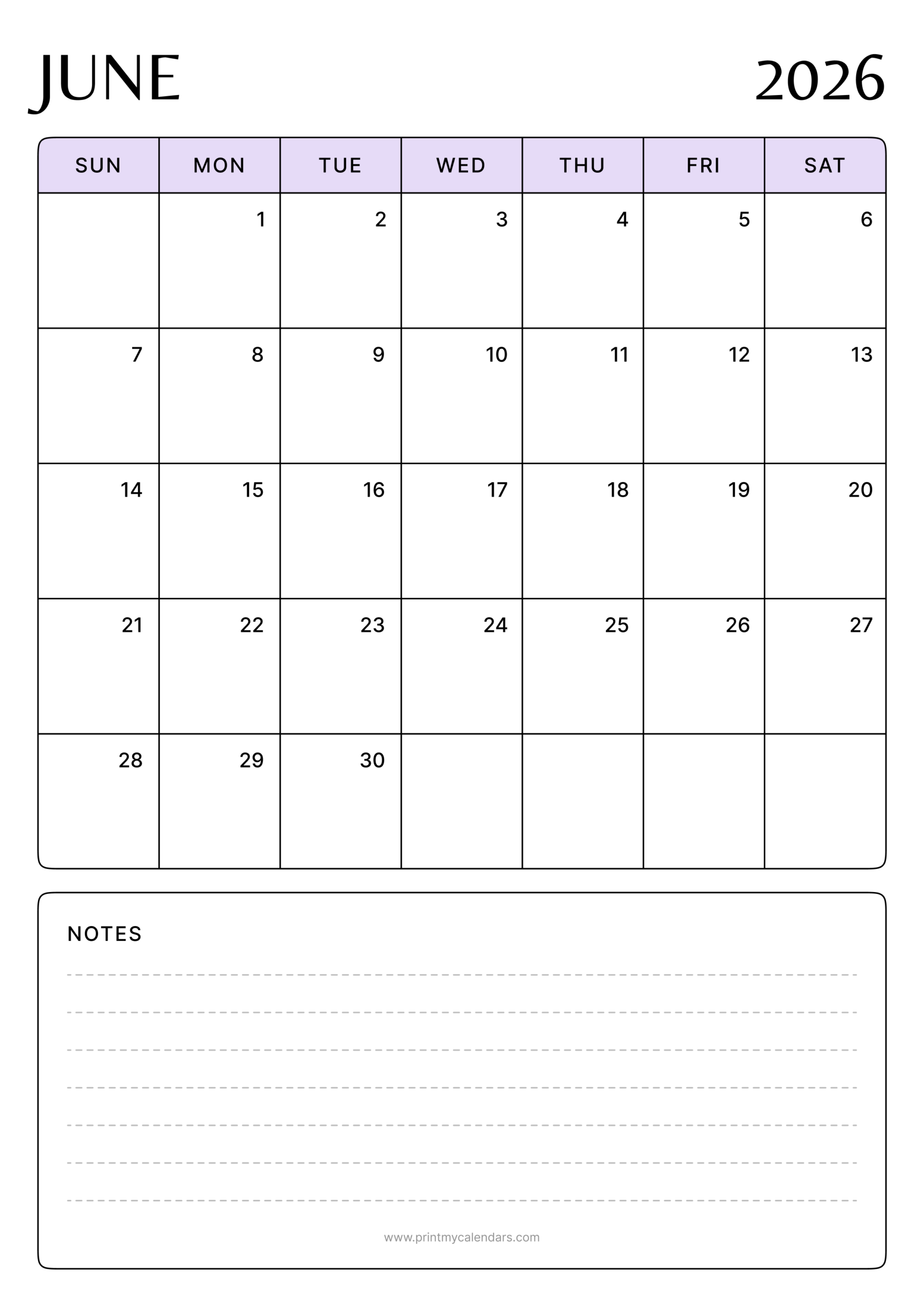 Printable modern June 2026 calendar portrait A4 format