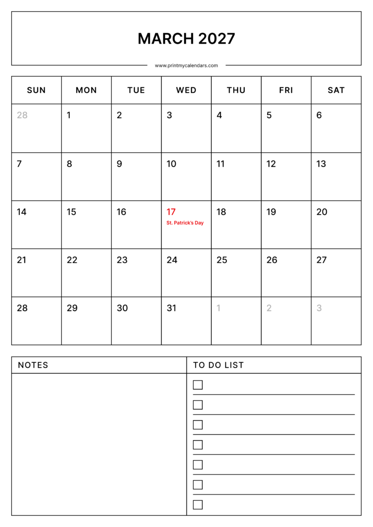 Free March Printable Calendar 2027 (PDF, Blank, Aesthetic Templates)