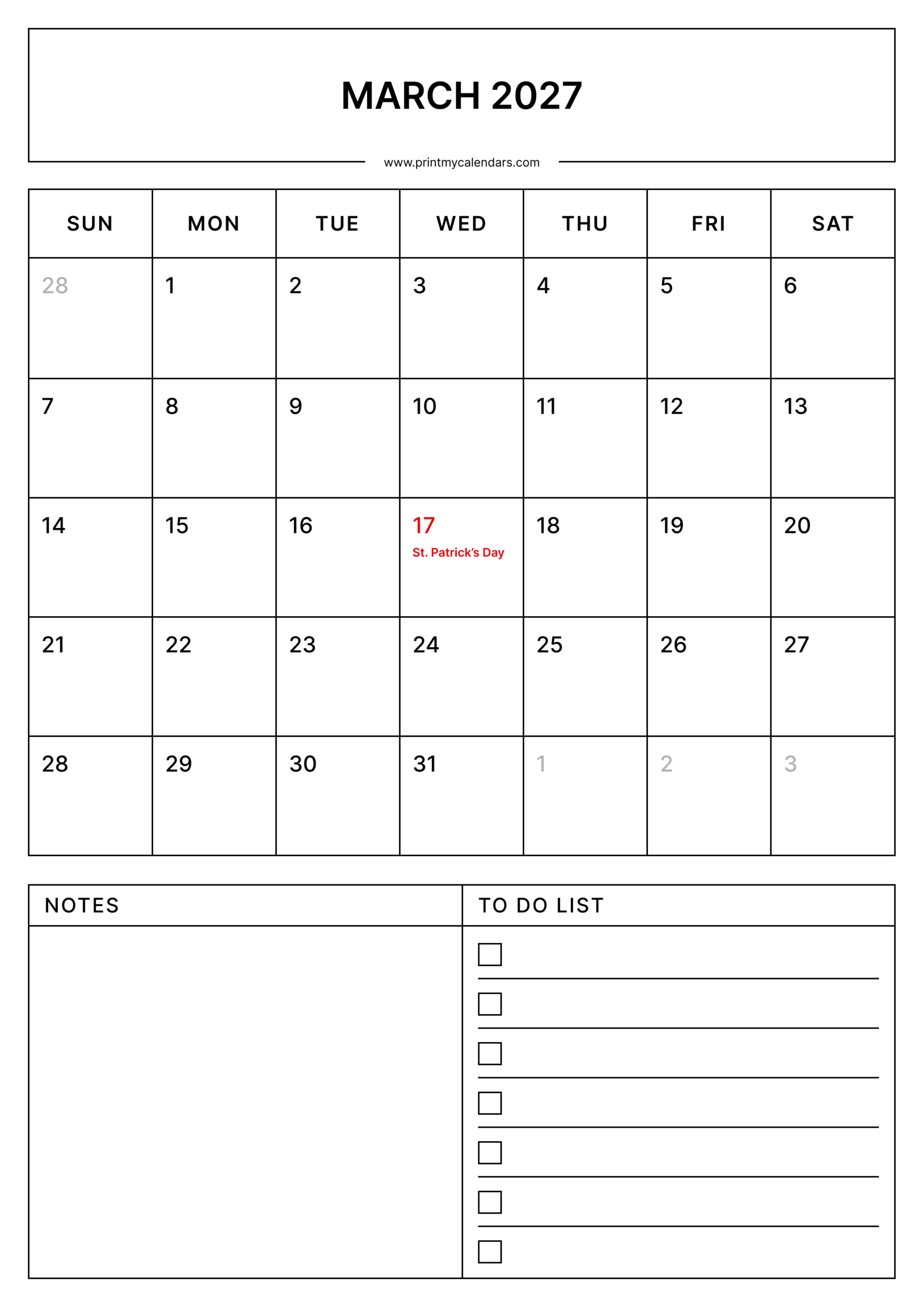 printable march 2026 calendar with holidays 