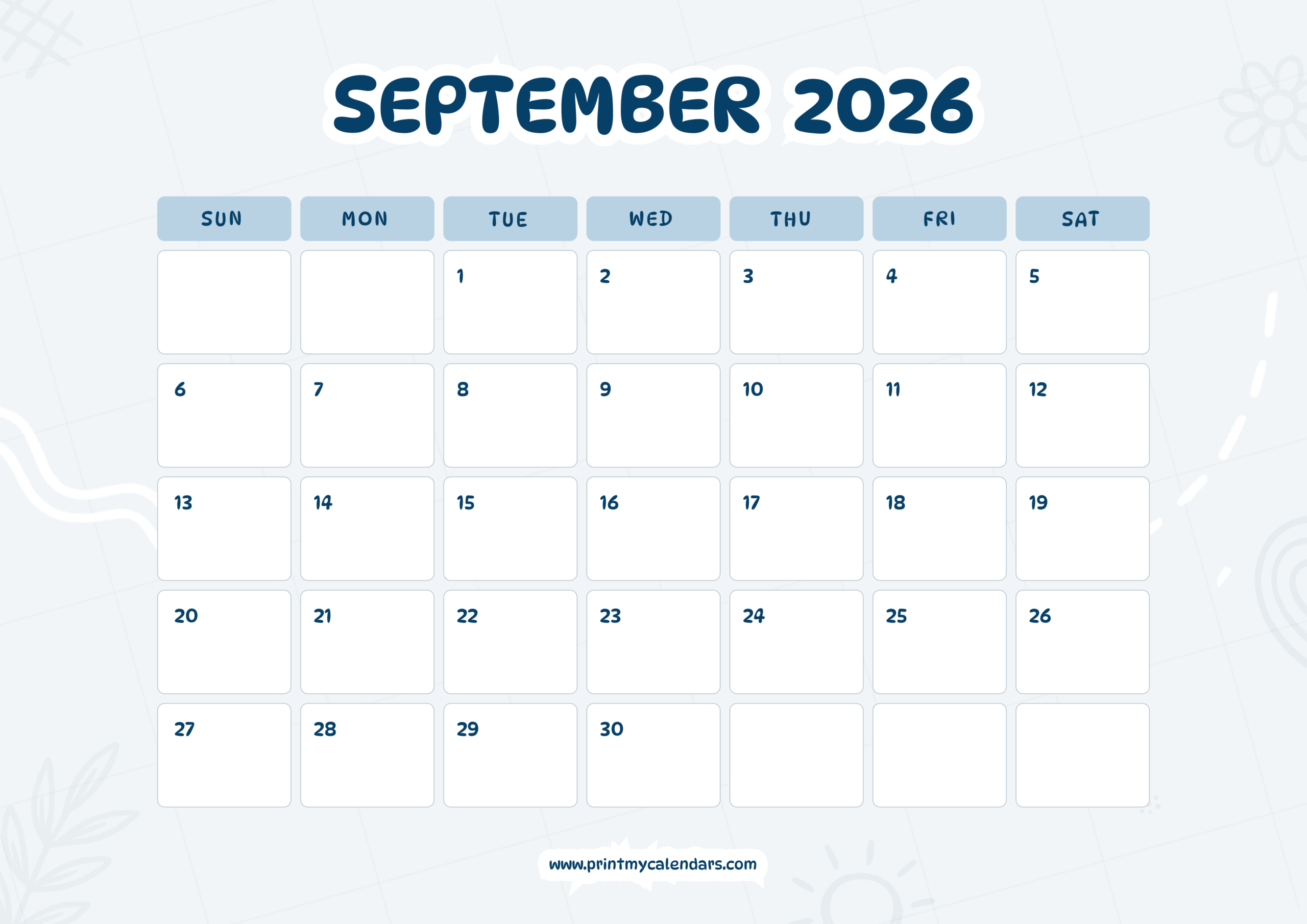 Blue Header Design September 2026 Calendar Landscape