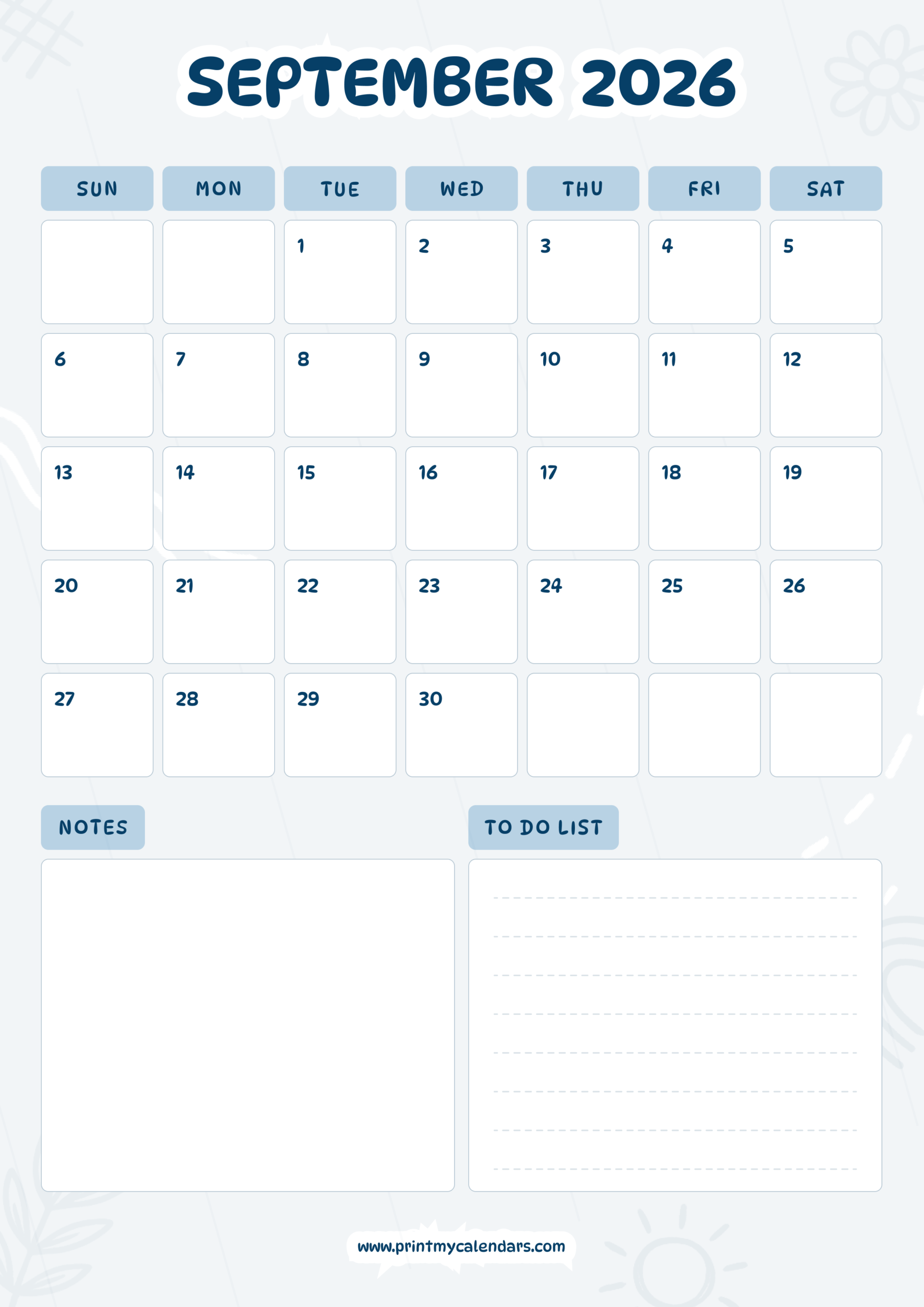 Blue Header Design September 2026 Calendar Portrait