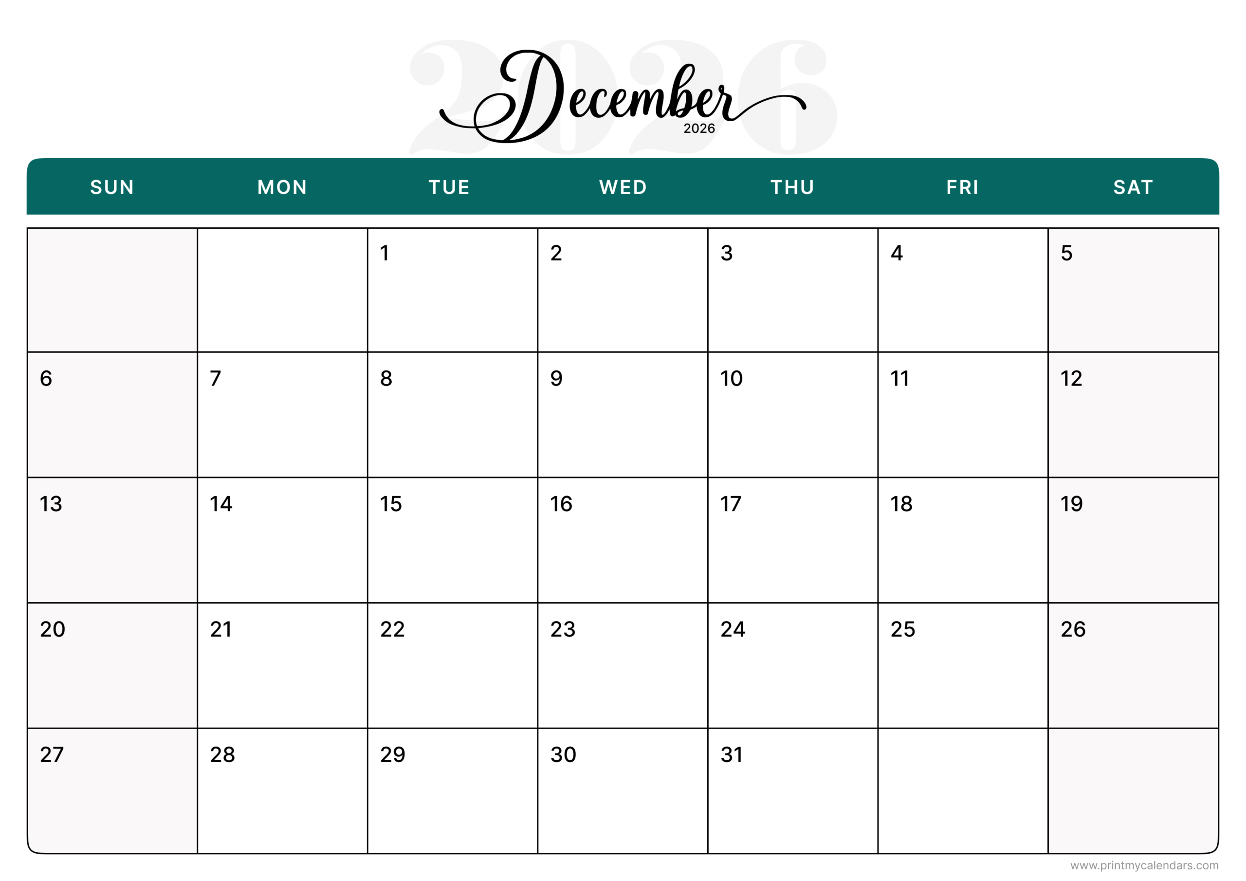 Classic Teal Design December 2026 Calendar Landscape