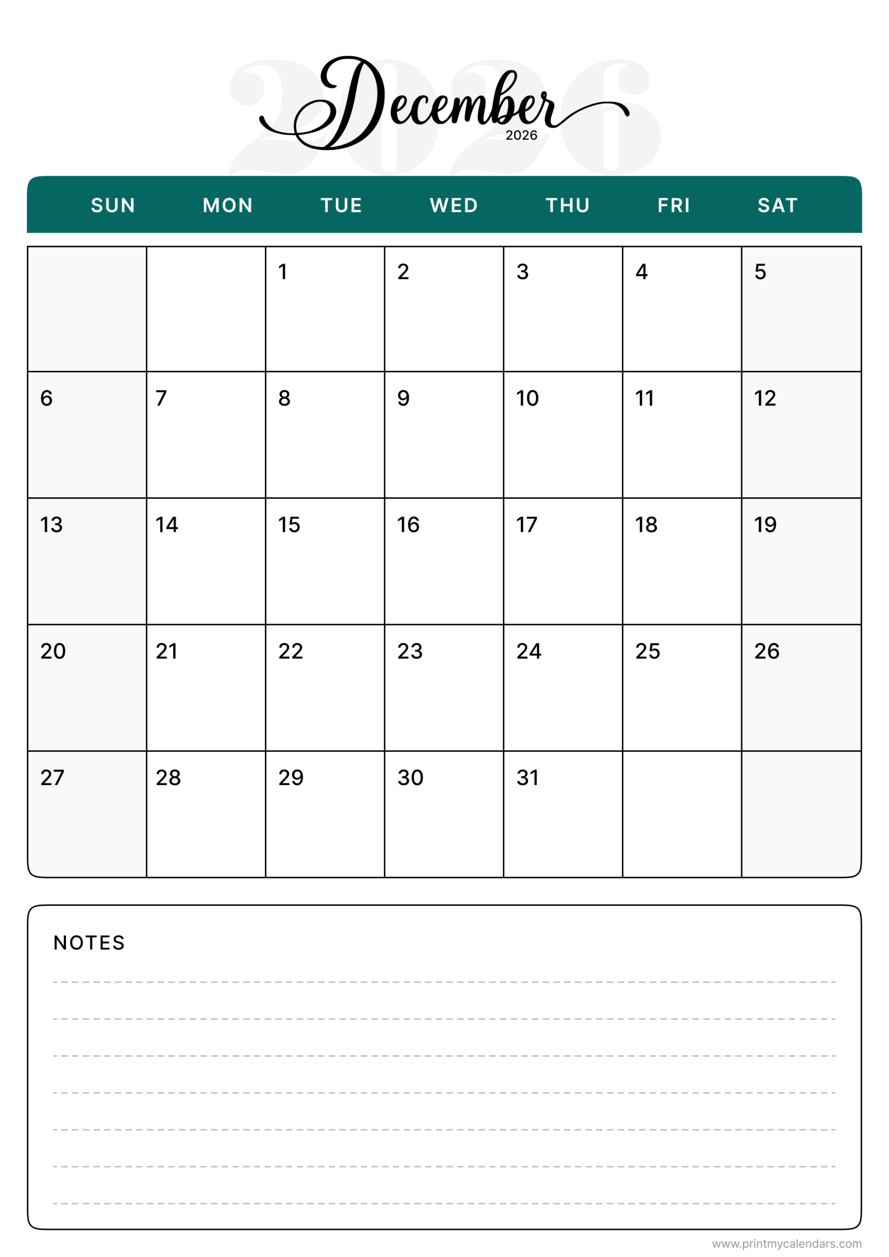 Classic Teal Design December 2026 Calendar Portrait
