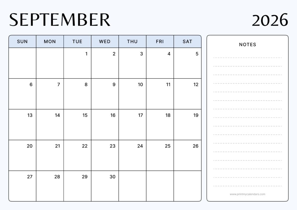 Free September Printable Calendar 2026 (PDF, Blank, Aesthetic)