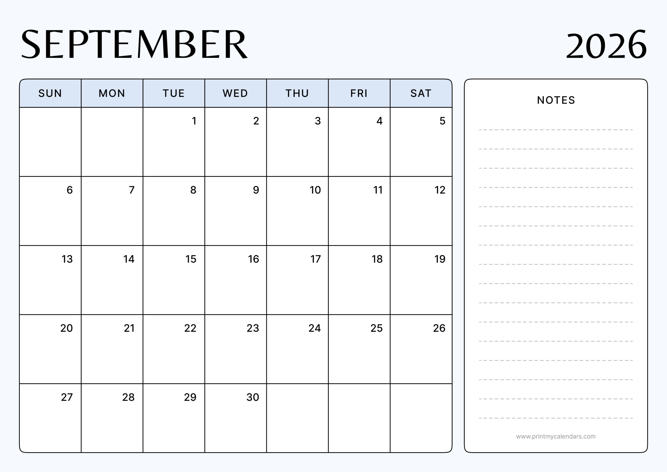 Clean Minimalist Design September 2026 Calendar Landscape