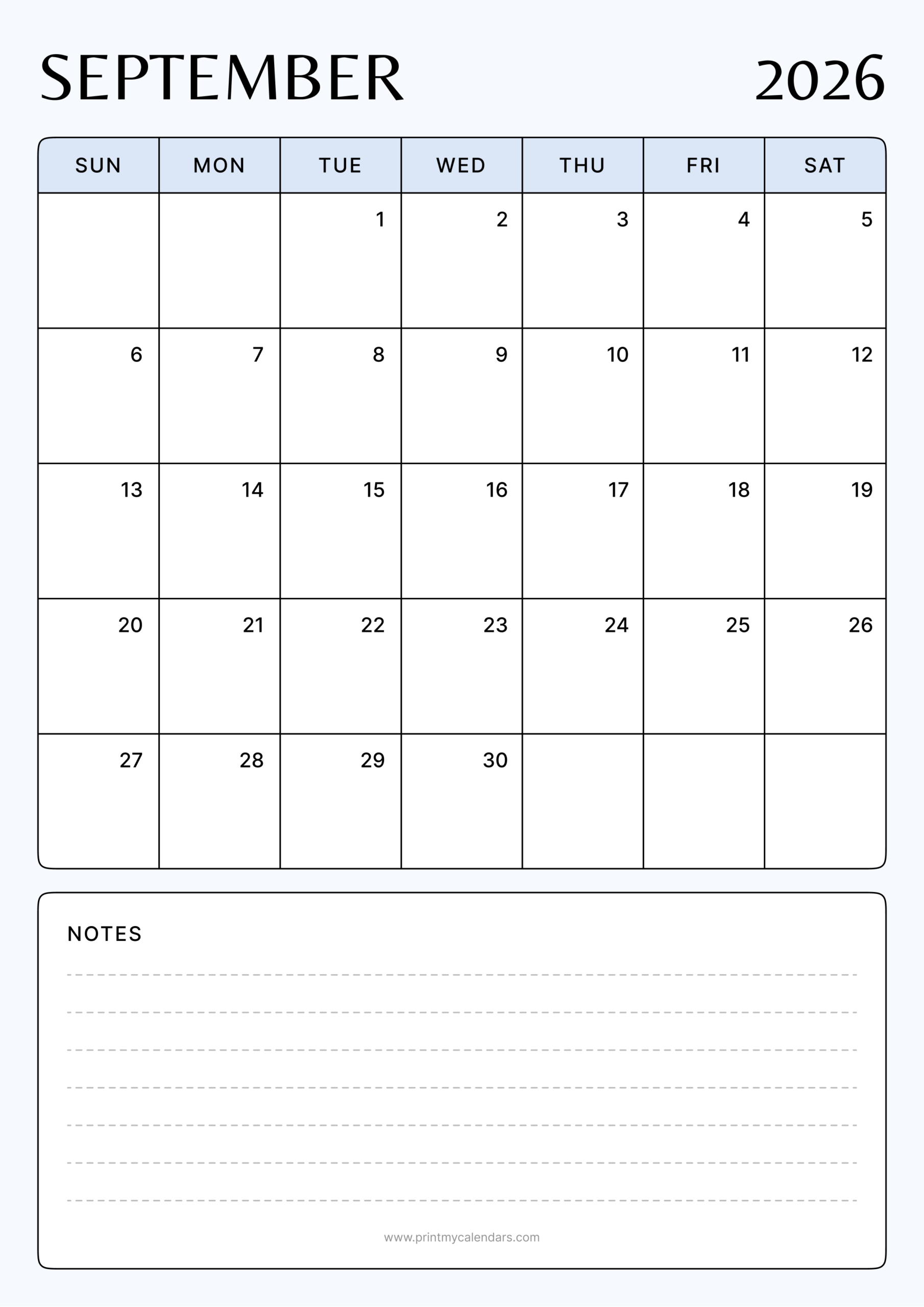 Clean Minimalist Design September 2026 Calendar Portrait