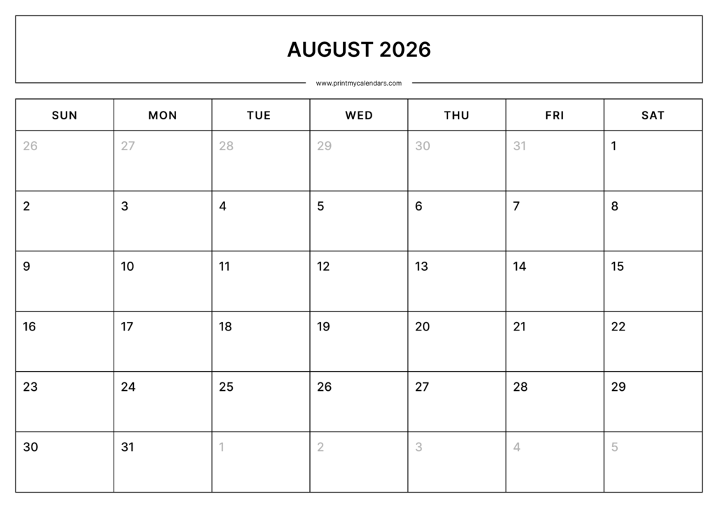 Download Printable August Calendar 2026 Landscape – A4