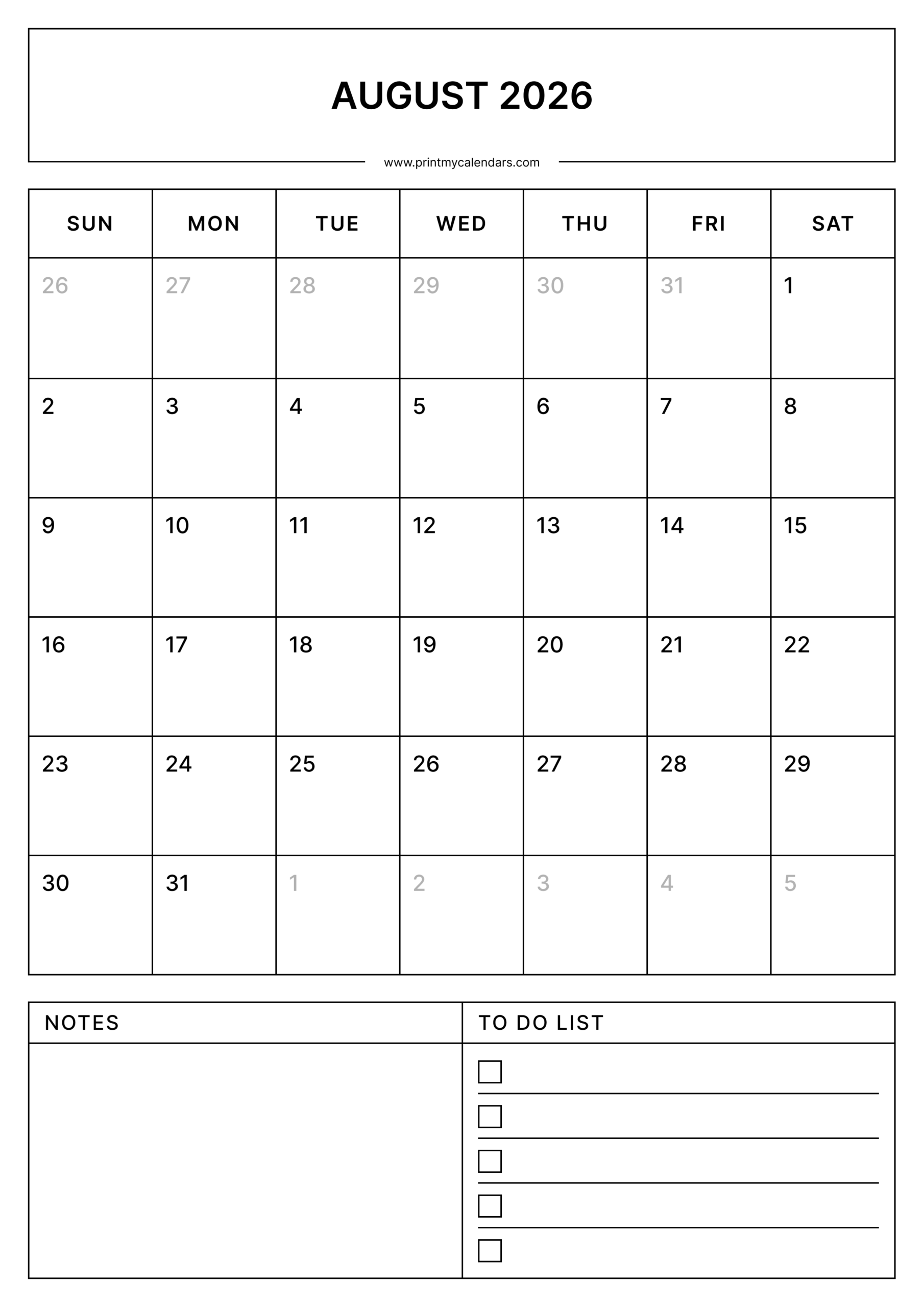 Download Printable August Calendar 2026 Portrait - A4