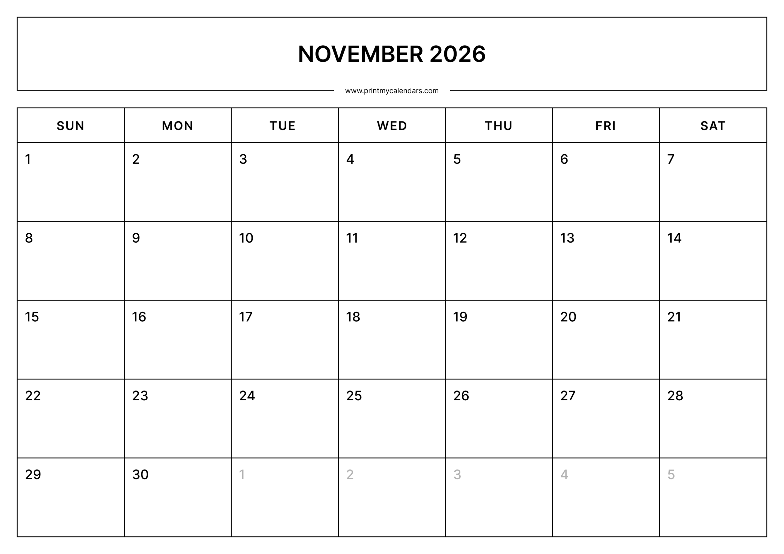 Printable November Calendar 2026 Landscape – A4
