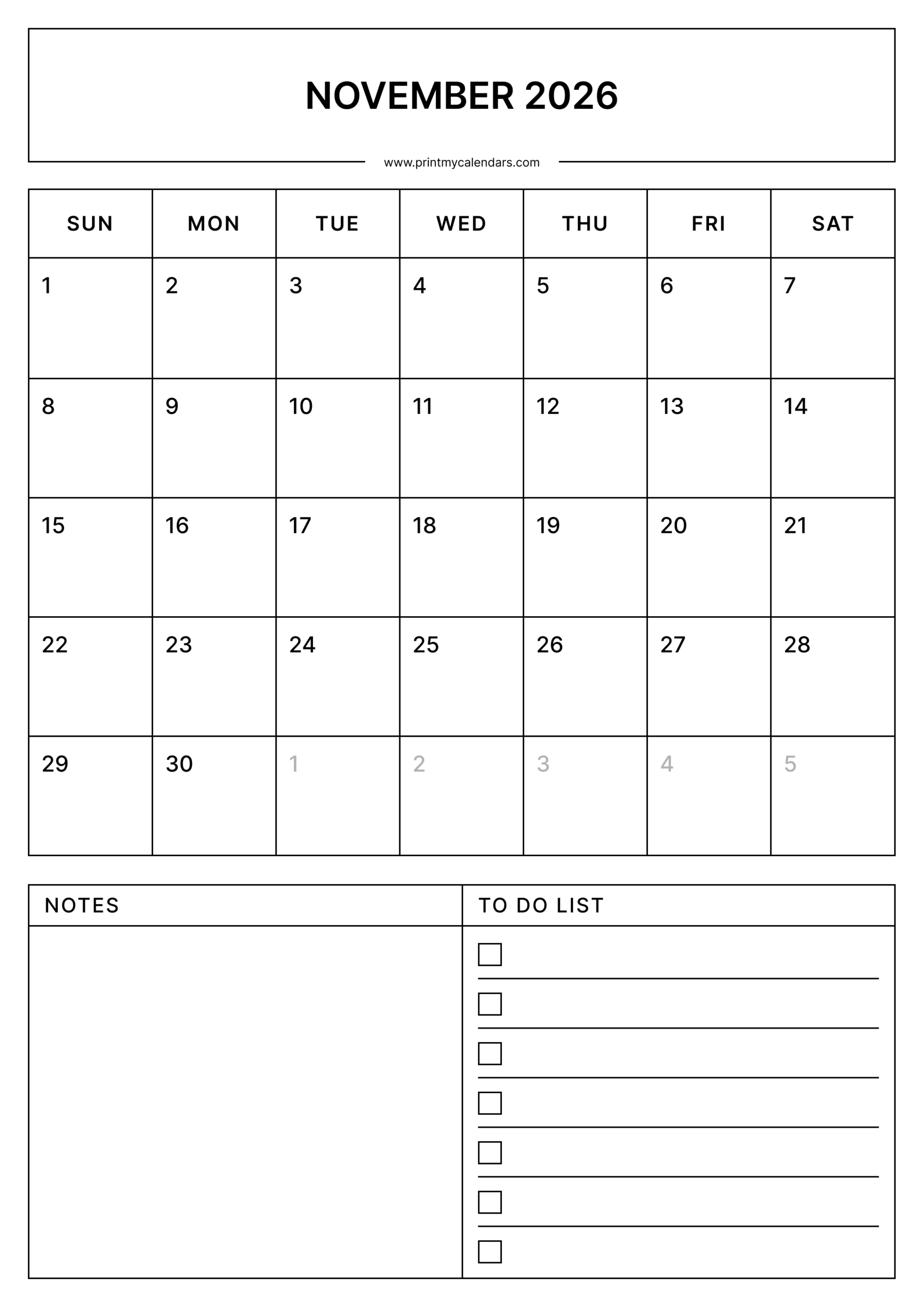 Printable November Calendar 2026 Portrait - A4
