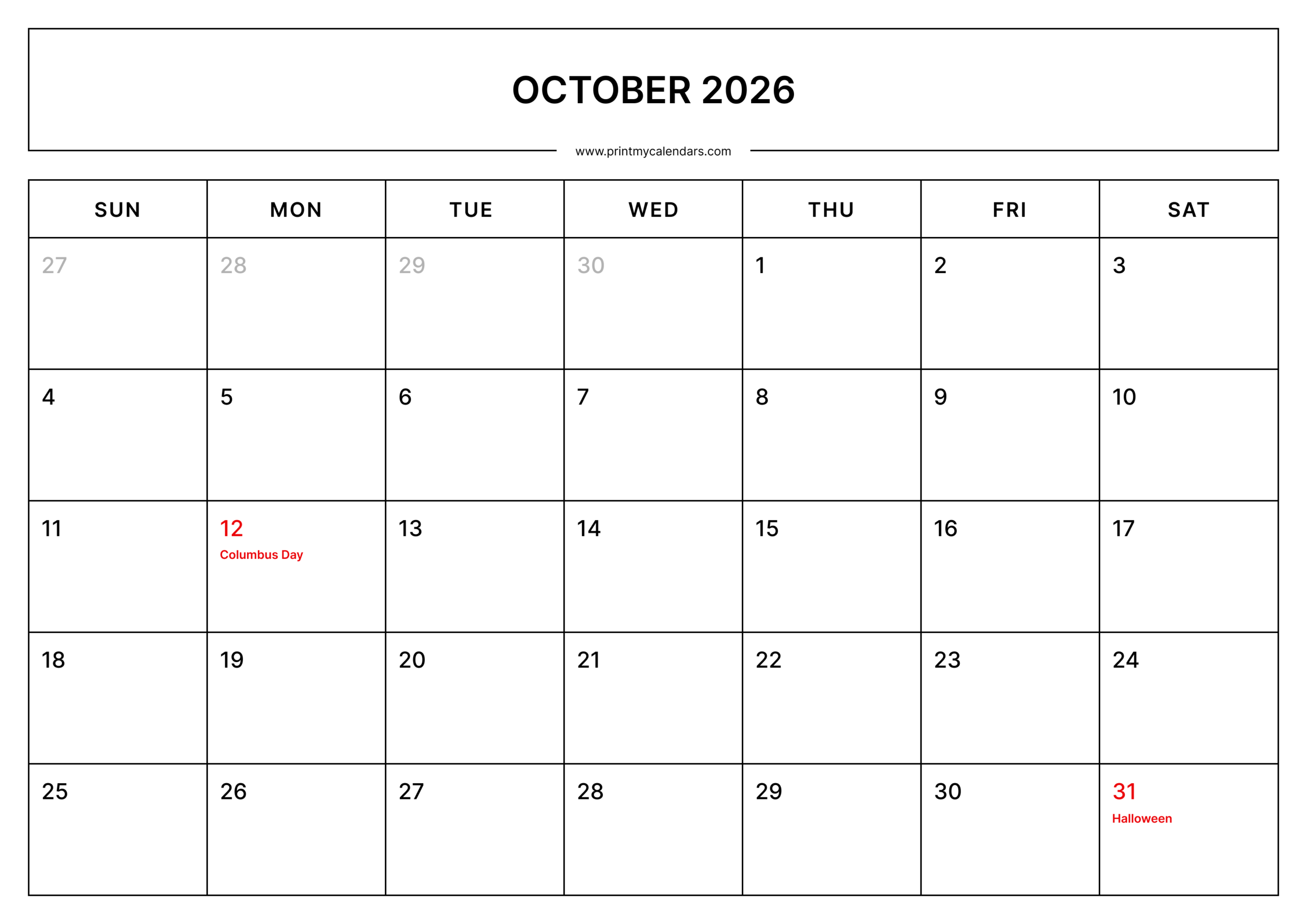 Download Printable October Calendar 2026 With Us Holidays Portrait - A4