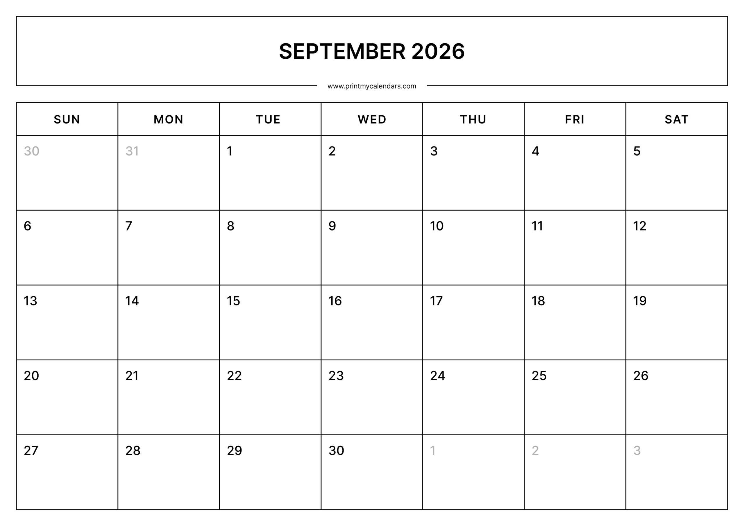 Printable September Calendar 2026 Landscape – A4