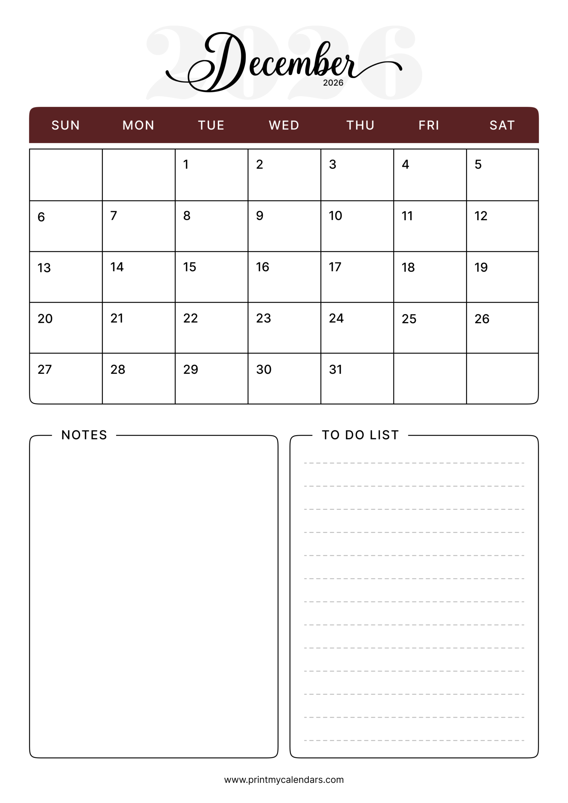 Elegant Burgundy Design December 2026 Calendar Portrait