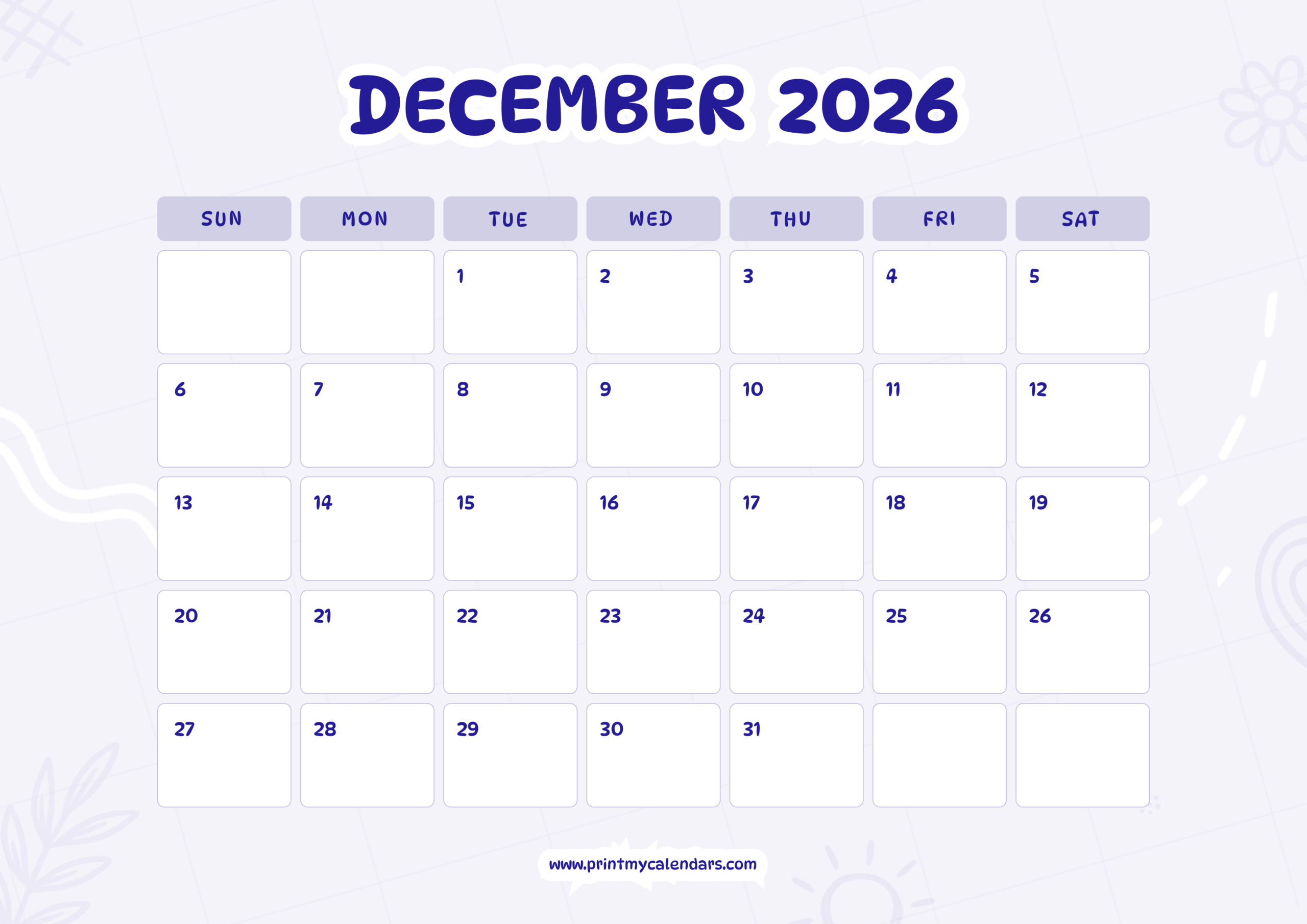 Lavender Block Design December 2026 Calendar Landscape