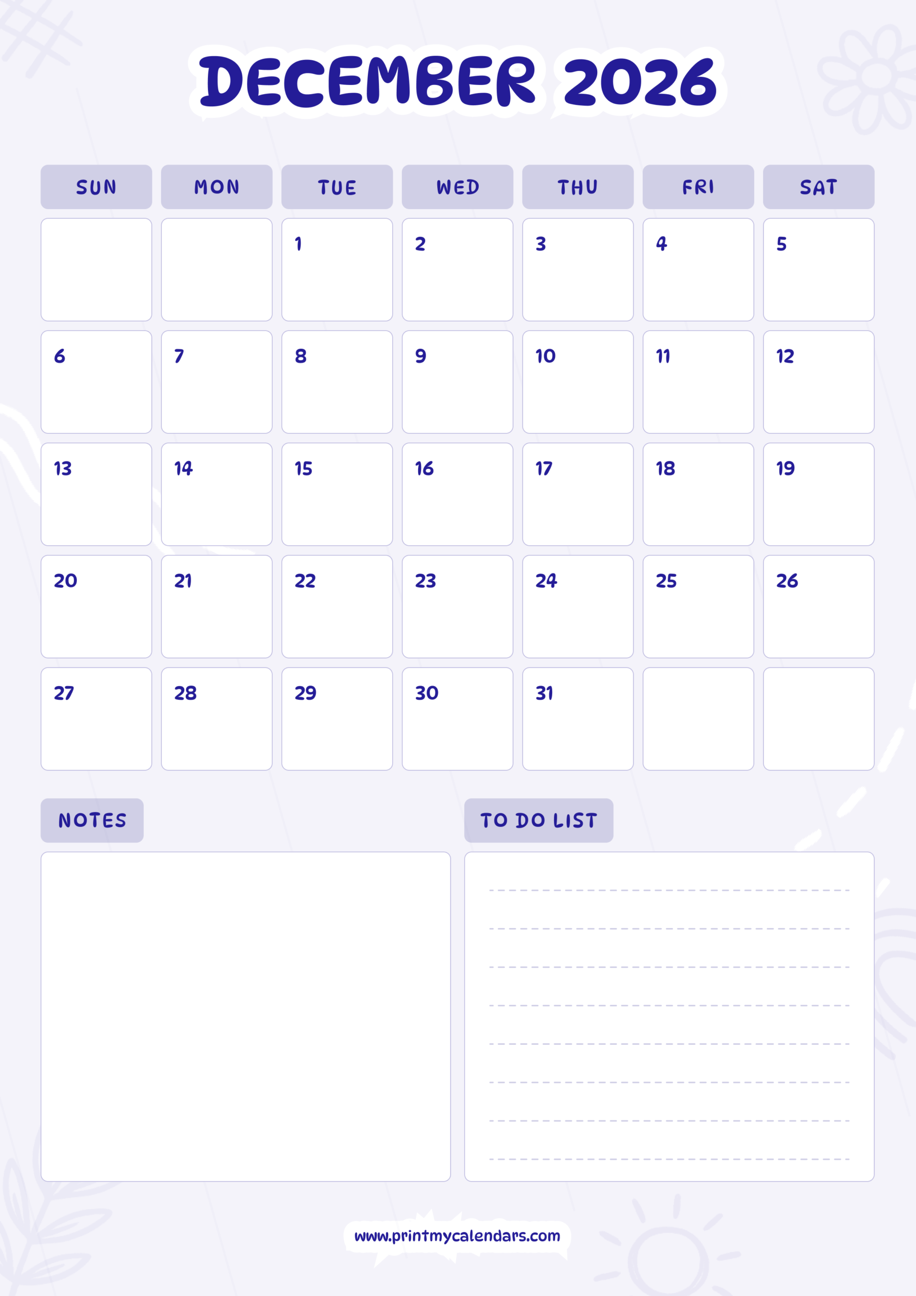 Lavender Block Design December 2026 Calendar Portrait