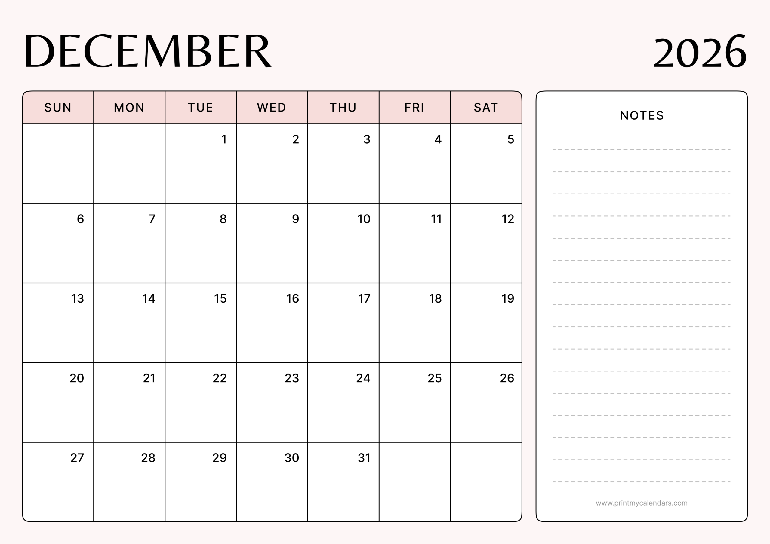 Minimalist Blush Design December 2026 Calendar Landscape
