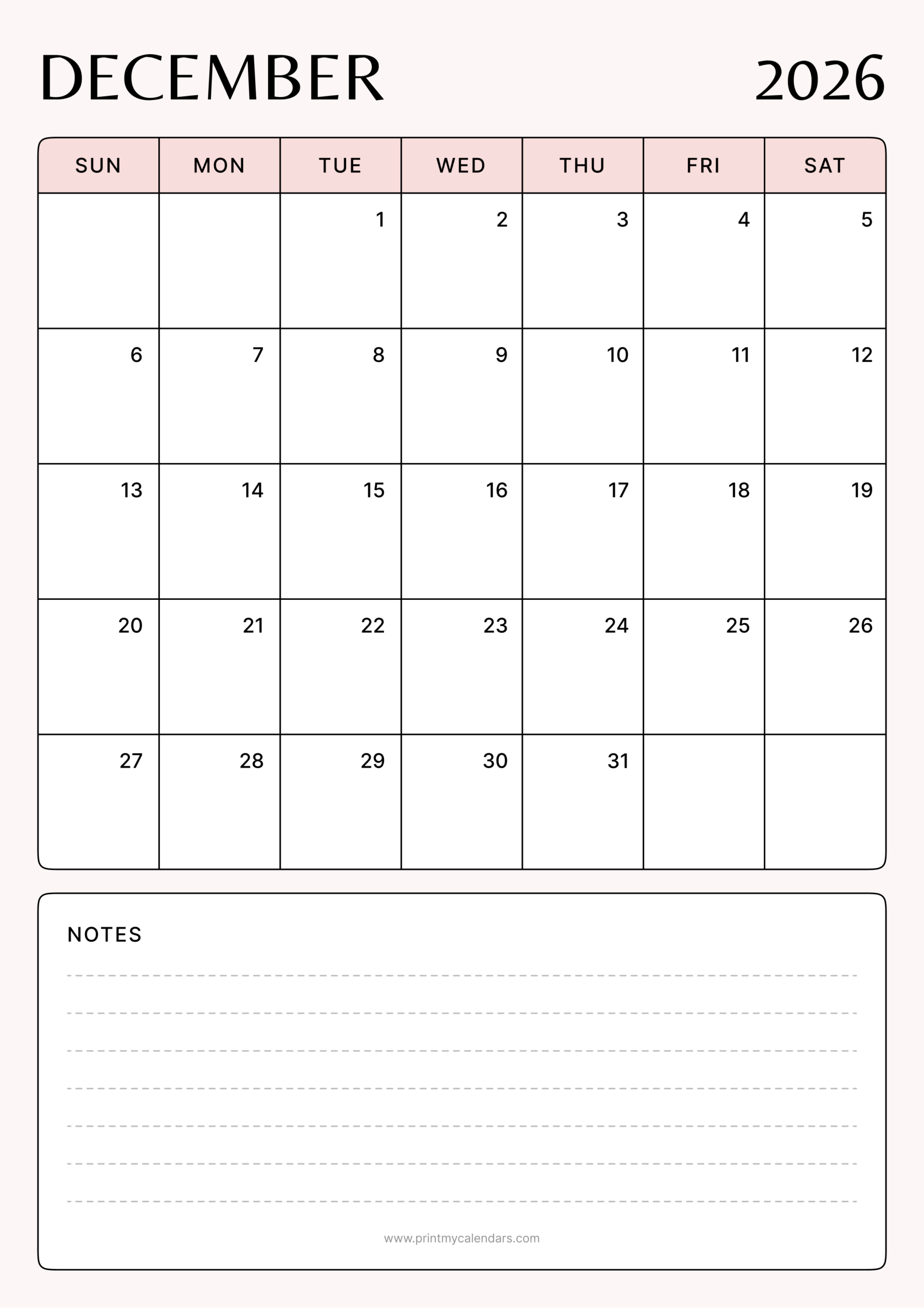 Minimalist Blush Design December 2026 Calendar Portrait