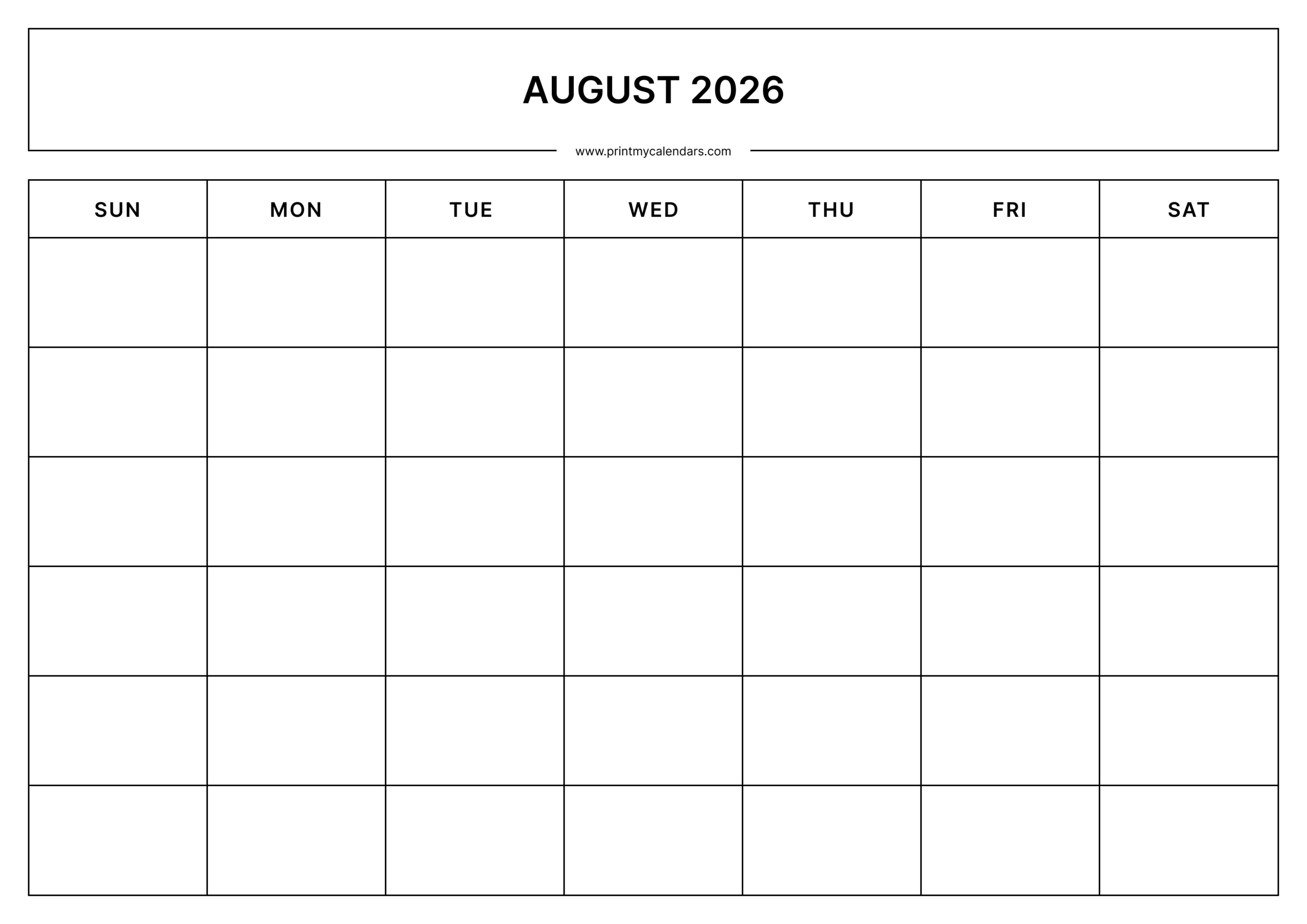 Printable August Blank Calendar 2026 Landscape – A4