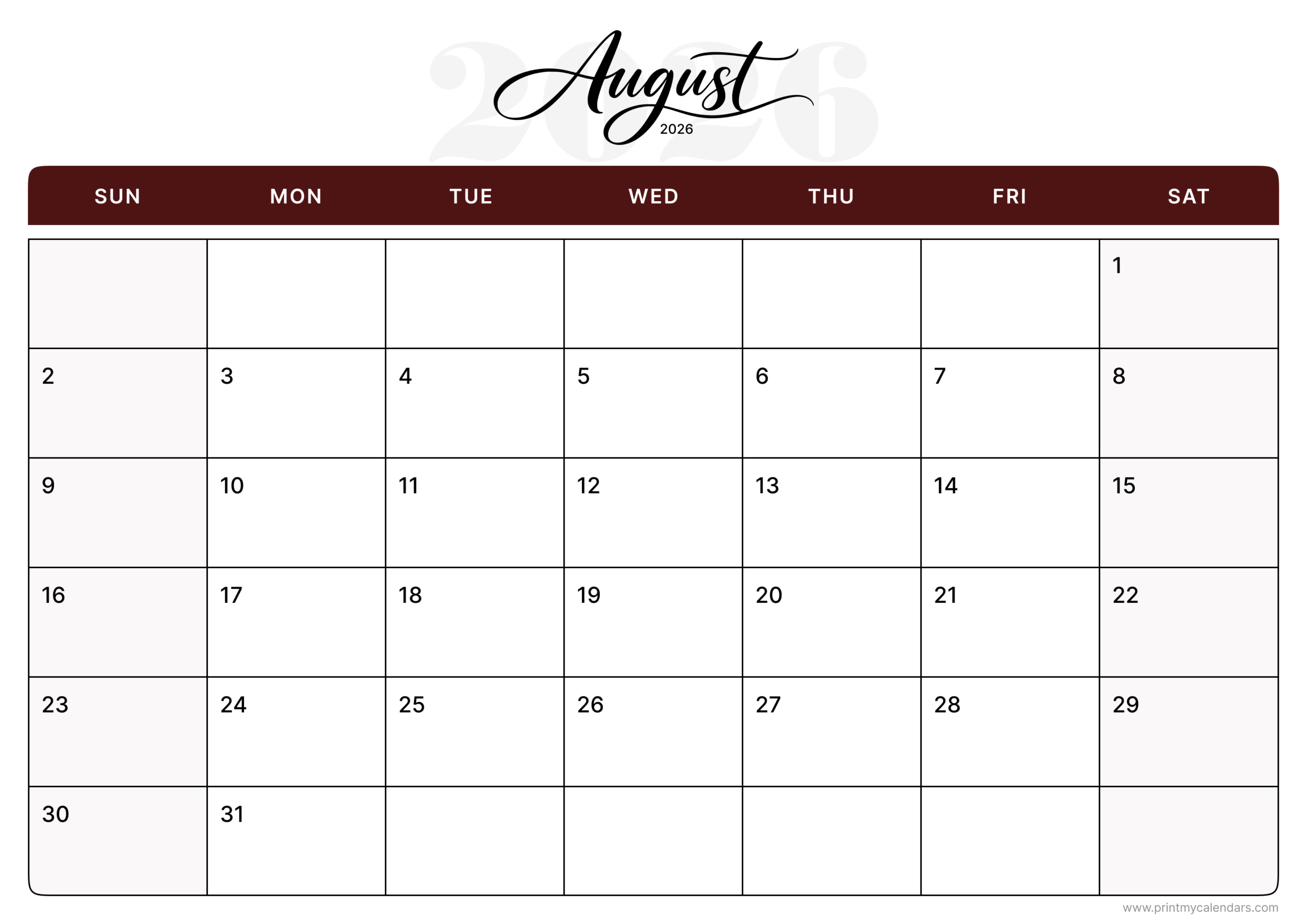 Printable Classic Script Design August 2026 Calendar Landscape