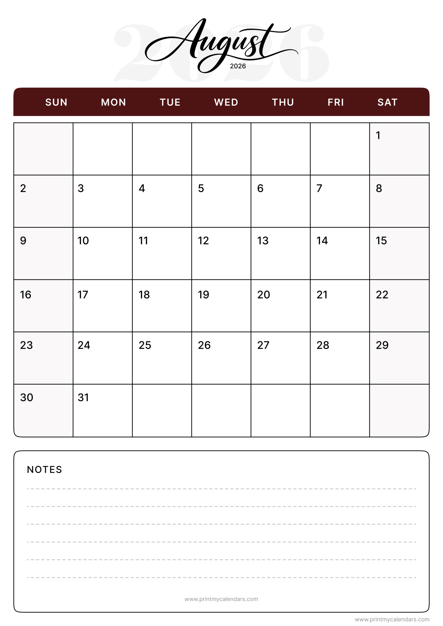 Printable Classic Script Design August 2026 Calendar Portrait